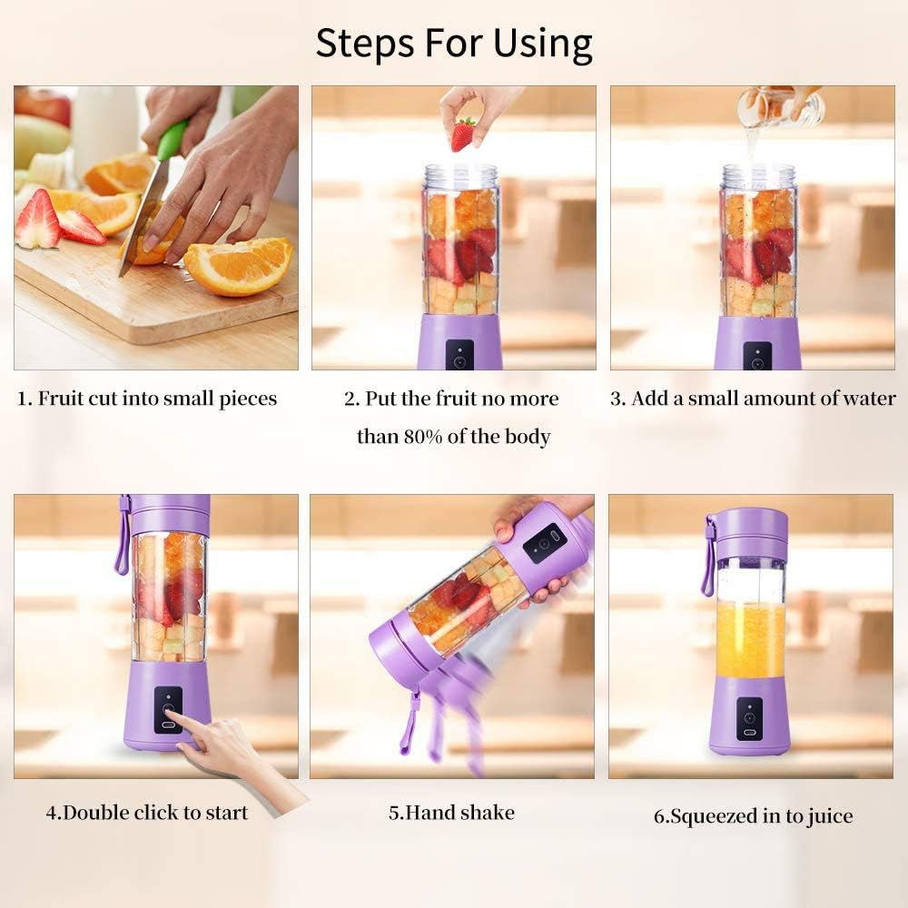 Anleitung: Obst schneiden, in den Mixer geben, Wasser hinzufügen, Doppelklick zum Starten, schütteln, dann entsaften. Enthält Orangen, Erdbeeren und einen lila Mixer.