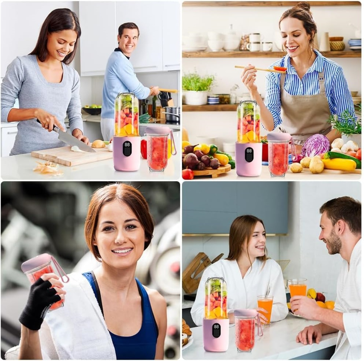 Vier Szenen von Menschen, die einen Mixer für Obst und Gemüse verwenden. Menschen lächeln und genießen ihre Getränke. Früchte sind sichtbar.