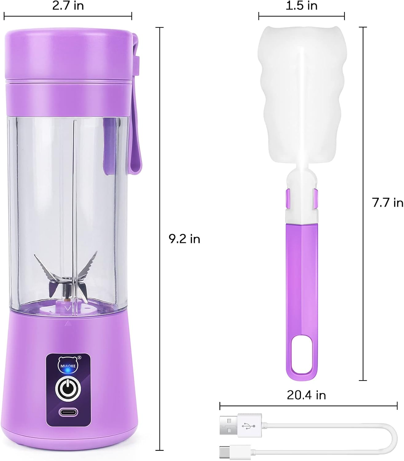 Ein lila tragbarer Mixer mit Reinigungsbürste und USB-Kabel vor weißem Hintergrund, Abmessungen angegeben.