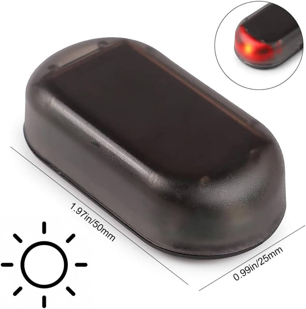 Ein schwarzes, solarbetriebenes LED-Licht mit Maßangaben. Ein kleinerer Einsatz zeigt das rote Licht.