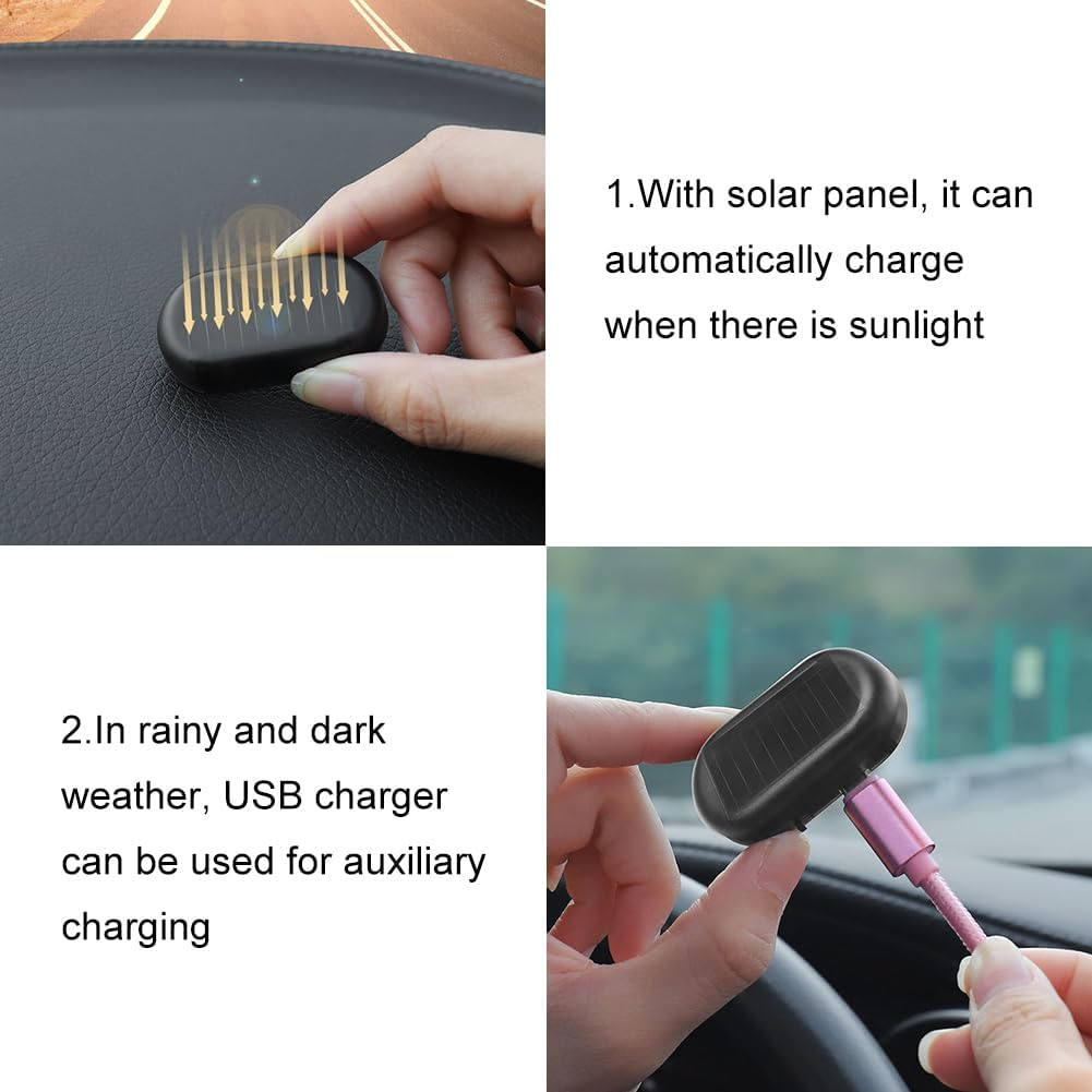 Ein schwarzes Gerät mit Solarpanel wird geladen. Eine Hand hält ein pinkfarbenes USB-Kabel. Text erwähnt Lademöglichkeiten.