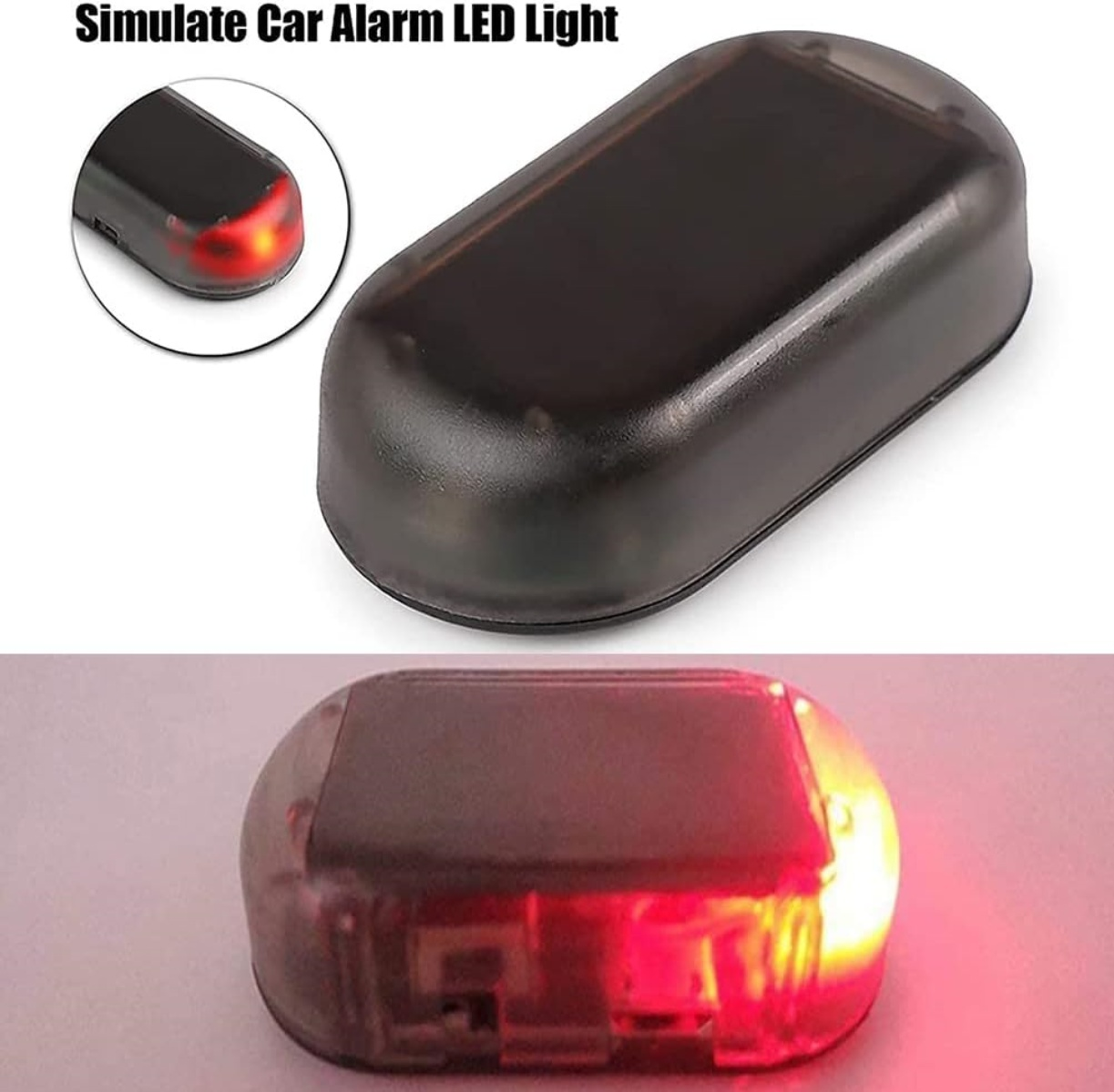 Eine LED-Leuchte für eine Autoalarmanlage. Sie ist schwarz mit rotem Licht. Das Bild enthält auch eine kleinere Einblendung der LED.