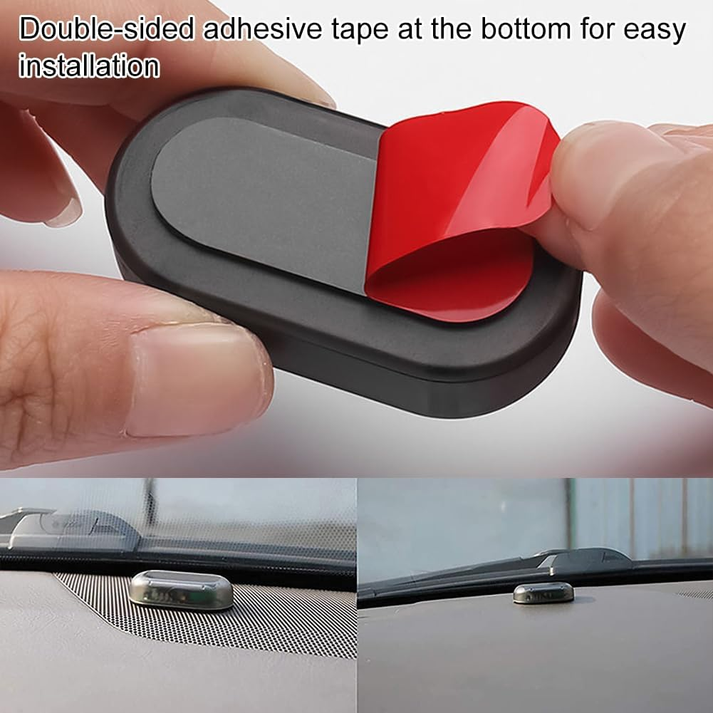 Eine Person zieht rotes Klebeband von einem schwarzen Gerät ab. Das Gerät hat eine graue Oberseite. Zwei installierte Geräte sind im Auto gezeigt.