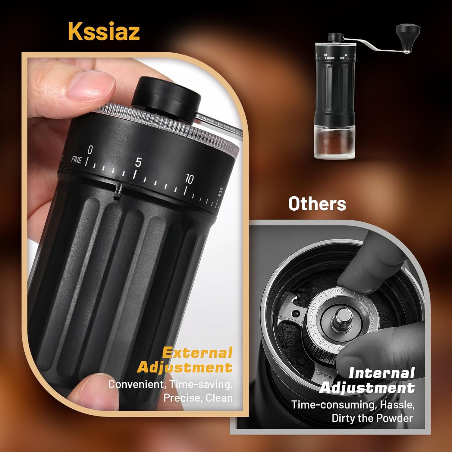Eine schwarze Kaffeemühle, mit hervorgehobener externer Einstellung. Andere Mühlen sind abgebildet, mit interner Einstellung.