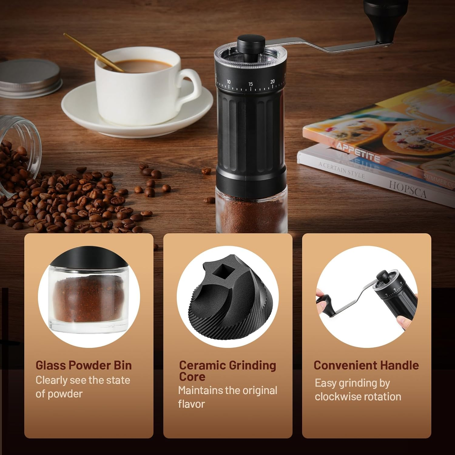 Eine Kaffeemühle, Kaffeebohnen, eine Tasse Kaffee und Zeitschriften liegen auf einer Holzoberfläche. Die Teile der Mühle sind abgebildet.