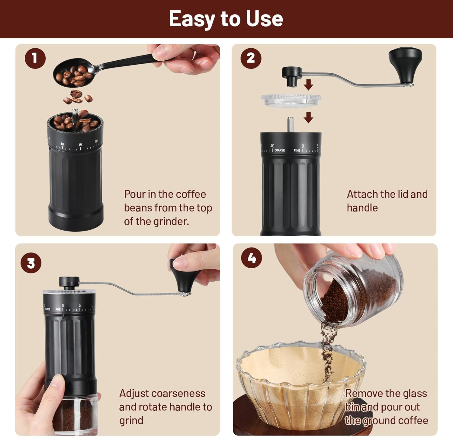 Schritte zur Verwendung einer Kaffeemühle: Bohnen einfüllen, Deckel anbringen, Mahlgrad einstellen und mahlen, dann Kaffeepulver ausgießen.