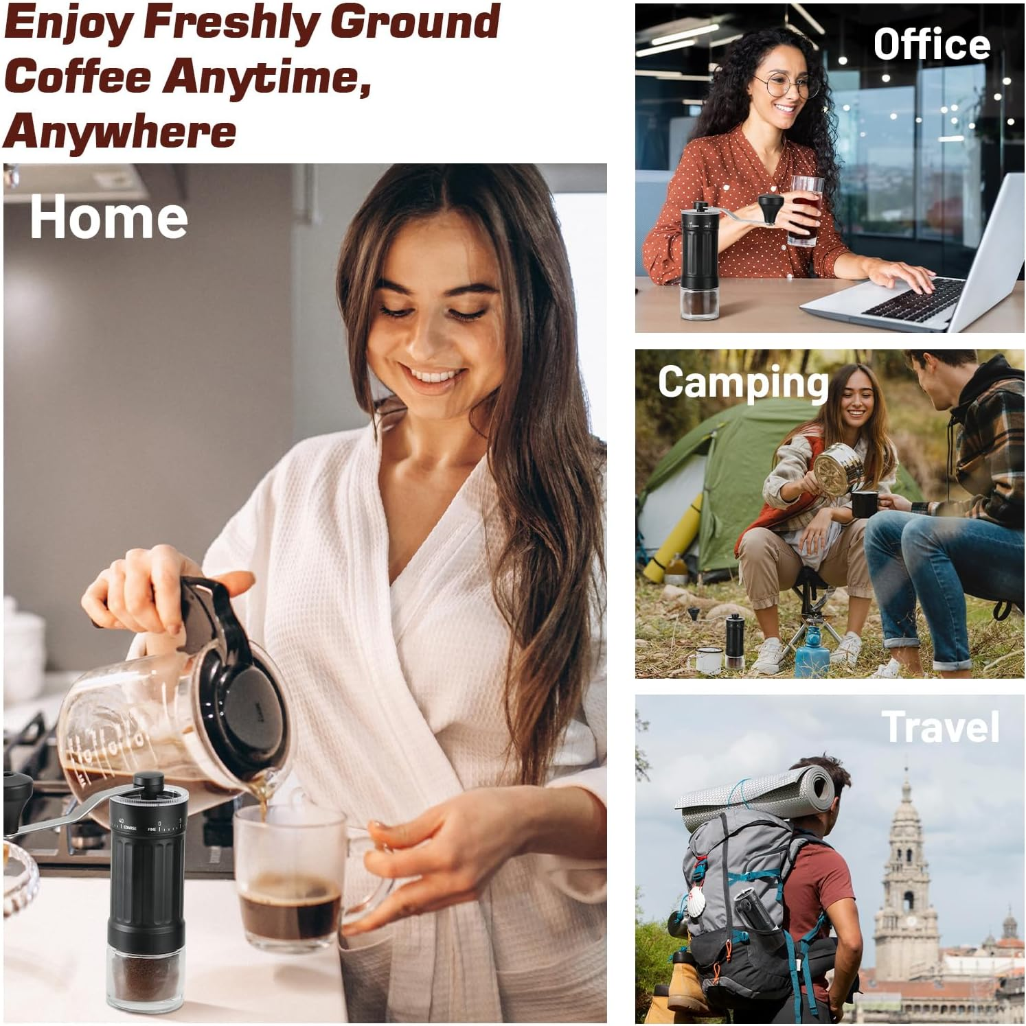 Eine Collage, die eine Kaffeemühle bewirbt. Szenen: Zuhause, Büro, Camping und Reisen. Menschen benutzen die Mühle in verschiedenen Umgebungen.
