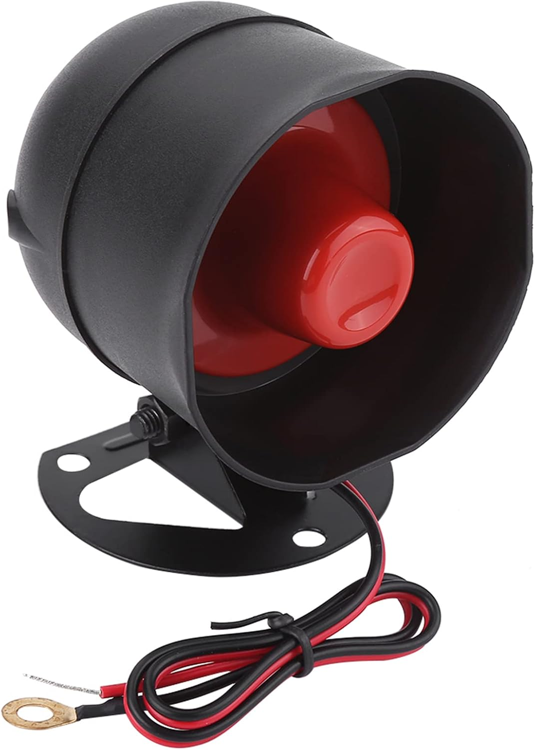 Ein schwarzer Autoalarmlautsprecher mit rotem Horn. Schwarz-rote Drähte sind mit einem goldfarbenen Ende verbunden.
