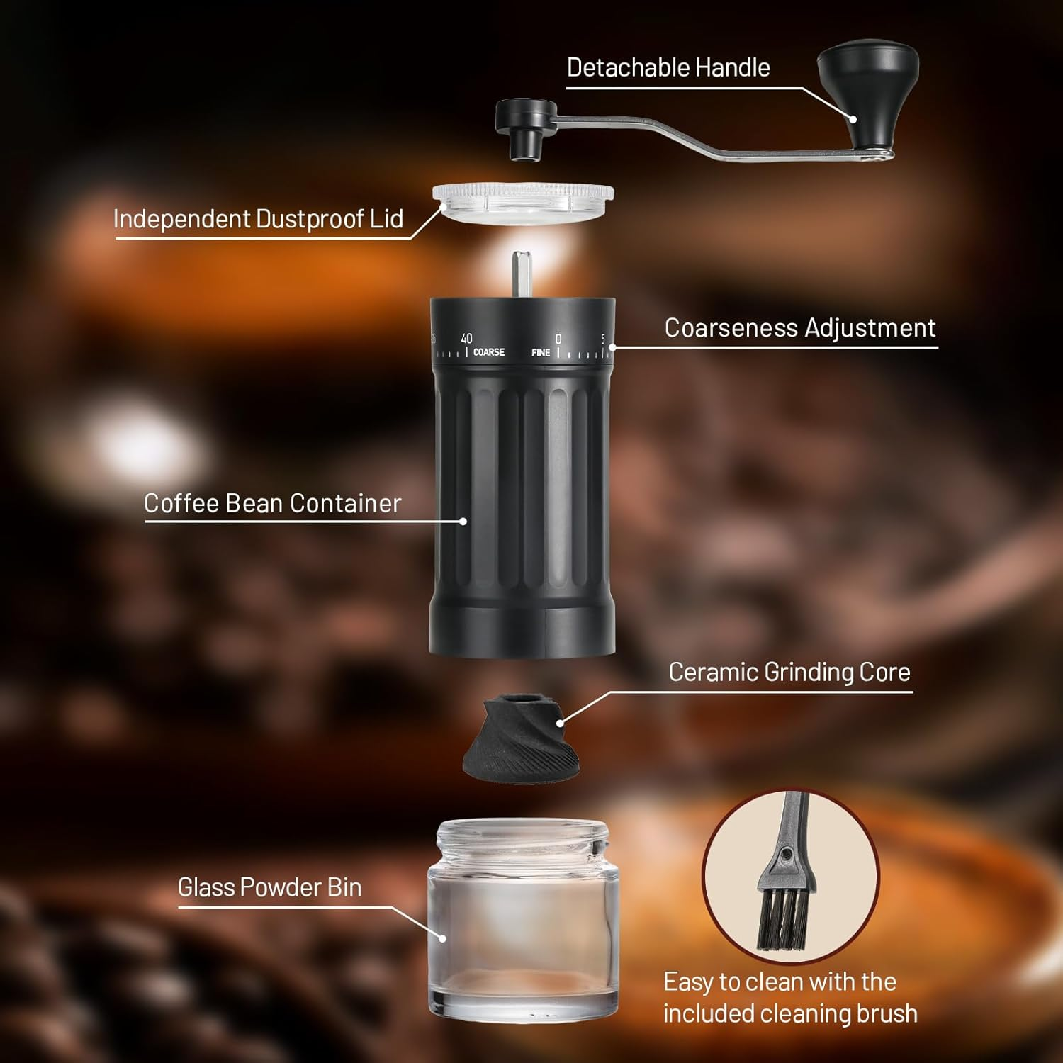 Kaffeemühle mit abnehmbarem Griff, staubdichtem Deckel, Bohnenbehälter, Mahlgradeinstellung, Keramikkern, Glasbehälter und Reinigungsbürste.