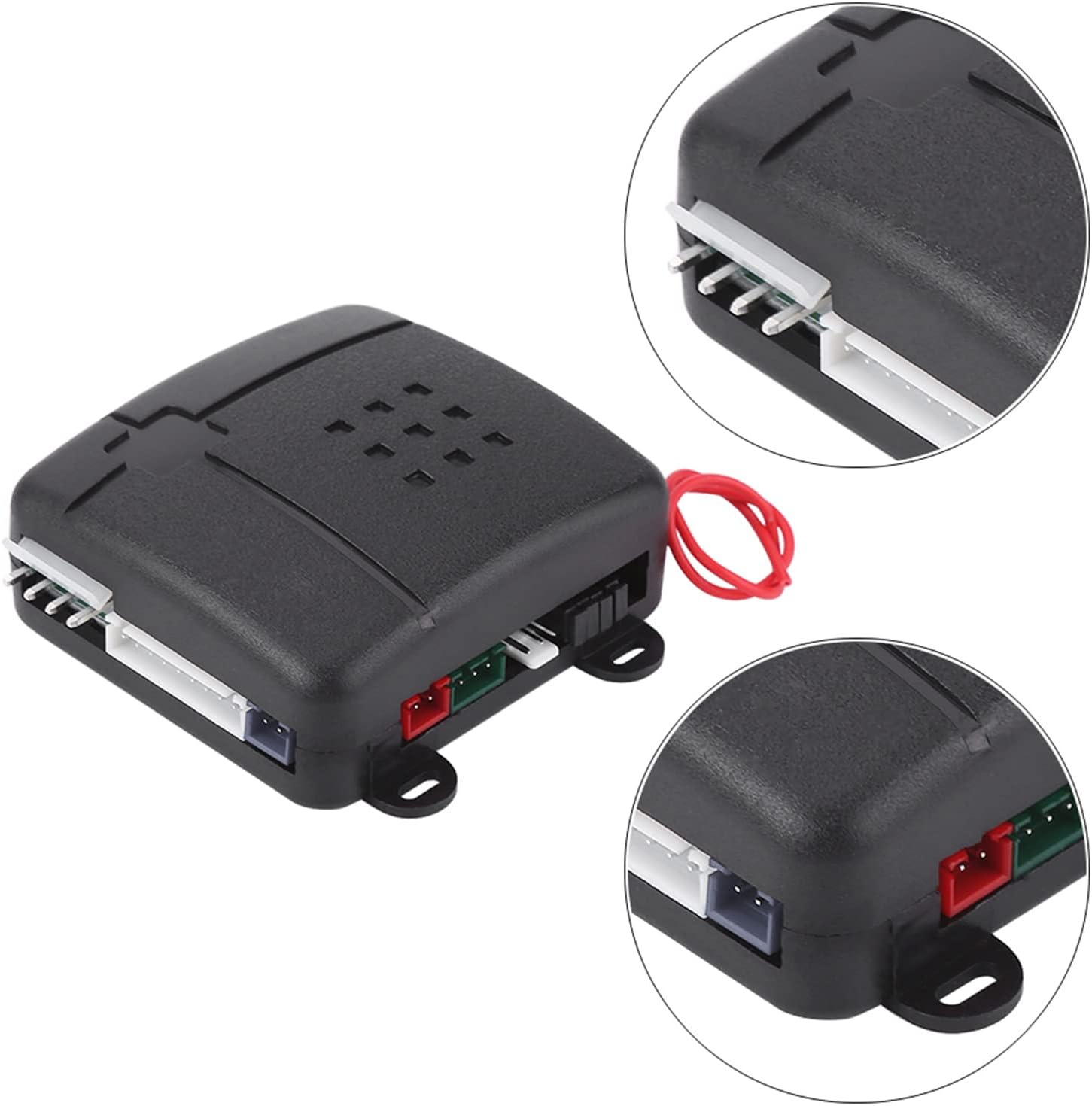 Schwarzes elektronisches Gerät mit Anschlüssen und einem roten Draht. Mehrere vergrößerte Ansichten zeigen Details der Anschlüsse.