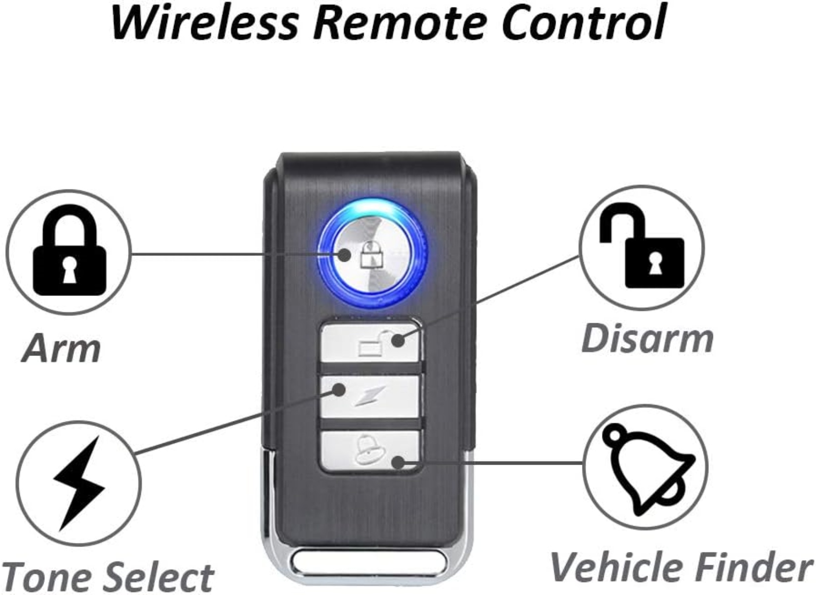 Fernbedienung mit Arm-, Deaktivierungs-, Tonwahl- und Fahrzeugsuchertasten. Die Fernbedienung hat ein blaues Licht und ist mit 'Wireless Remote Control' beschriftet.