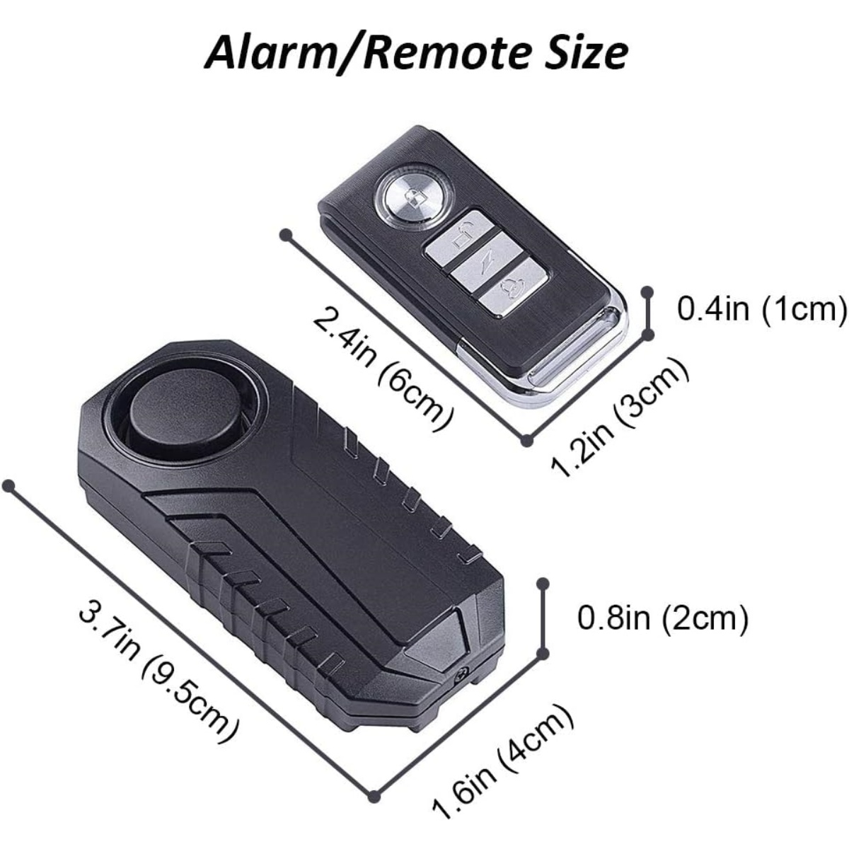 Das Bild zeigt ein schwarzes Alarmsystem und eine Fernbedienung. Abmessungen in Zoll und Zentimetern.
