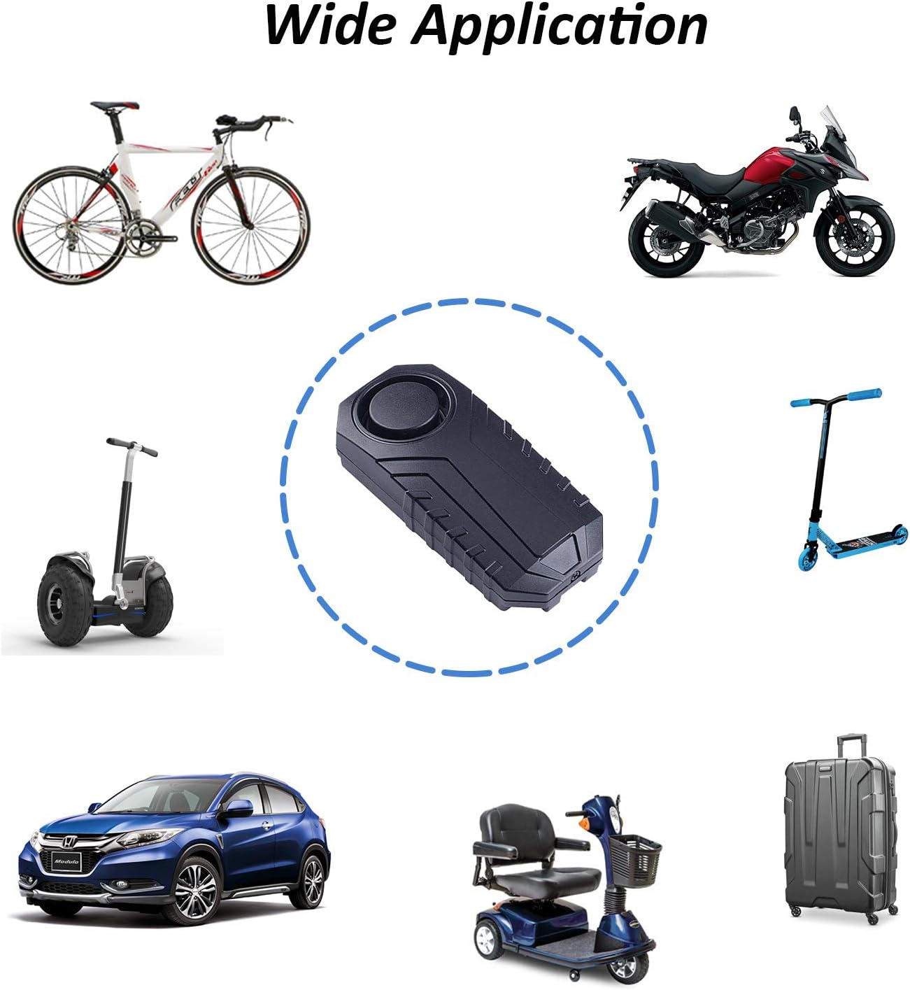 Ein Bild, das eine Vielzahl von Fahrzeugen und Gegenständen zeigt, darunter ein Fahrrad, ein Motorrad, ein Roller, ein Auto, ein Mobilitätsroller und ein Koffer.