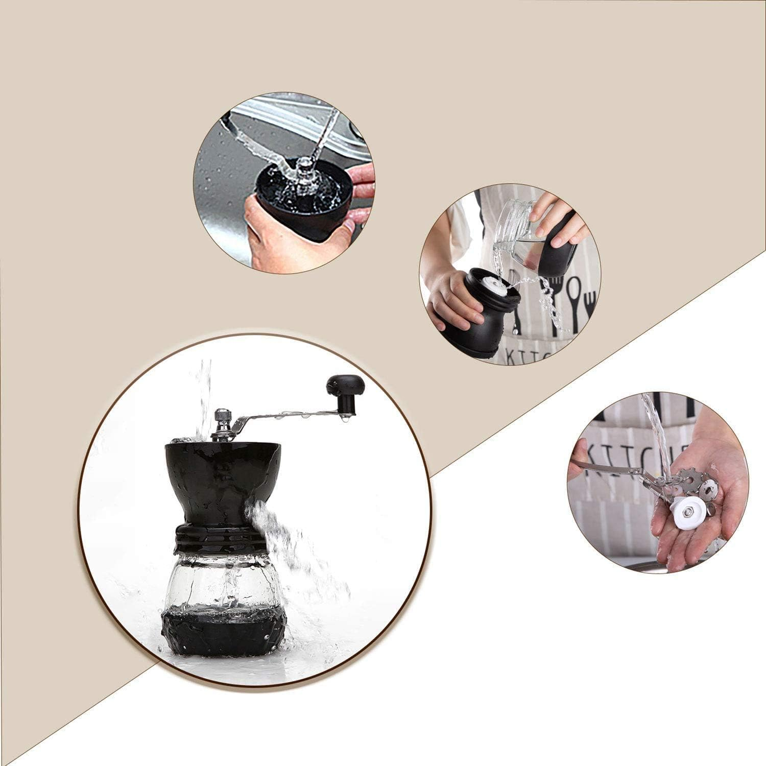 Das Bild zeigt eine Kaffeemühle, die mit Wasser gespült wird. Mehrere kreisförmige Ausschnitte zeigen verschiedene Phasen des Reinigungsprozesses.