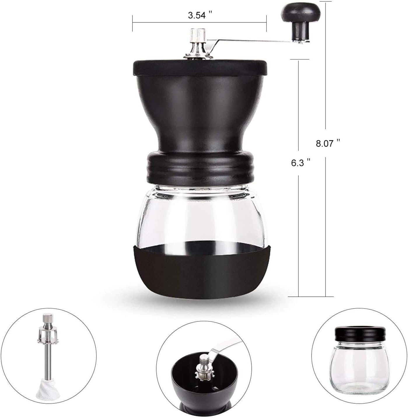 Eine manuelle Kaffeemühle aus Schwarz und Glas mit Maßangaben. Kleine Detailbilder von Teilen sind in Kreisen dargestellt.