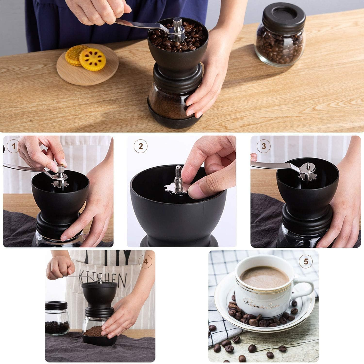 Eine Person benutzt eine manuelle Kaffeemühle mit Kaffeebohnen. Nahaufnahmen zeigen den Mahlvorgang, Kaffee und eine Tasse Kaffee.