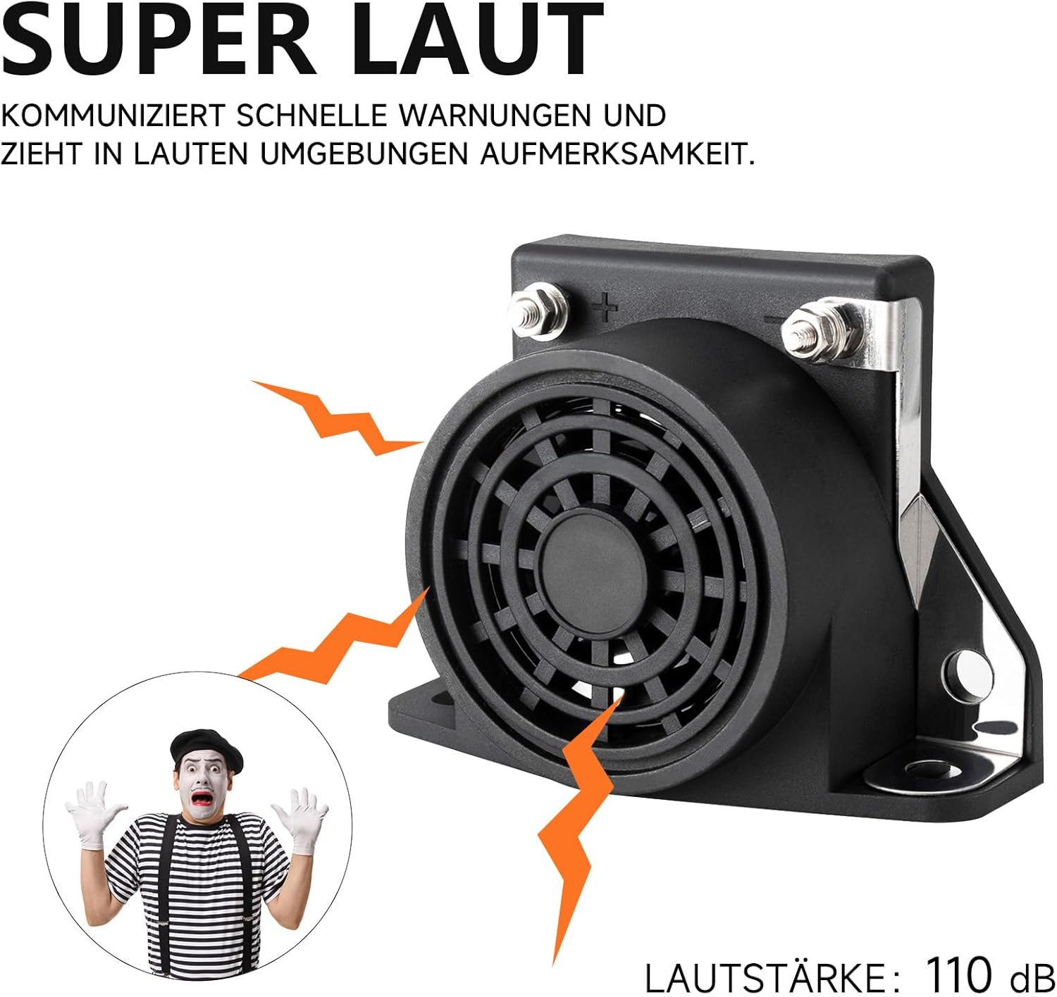 Ein schwarzes Gerät, ein Pantomime und Blitze. Text sagt 'SUPER LAUT'. Das Gerät ist laut, 110 dB. Der Pantomime sieht überrascht aus.