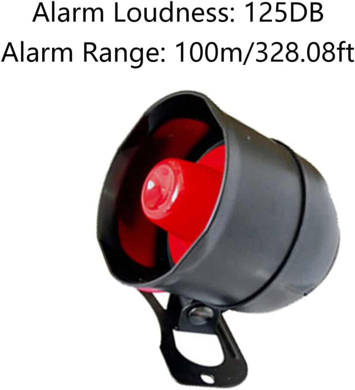 Schwarzer und roter Alarmlautsprecher mit Halterung. Alarmlautstärke 125 dB und Reichweite 100 m/328,08 ft.