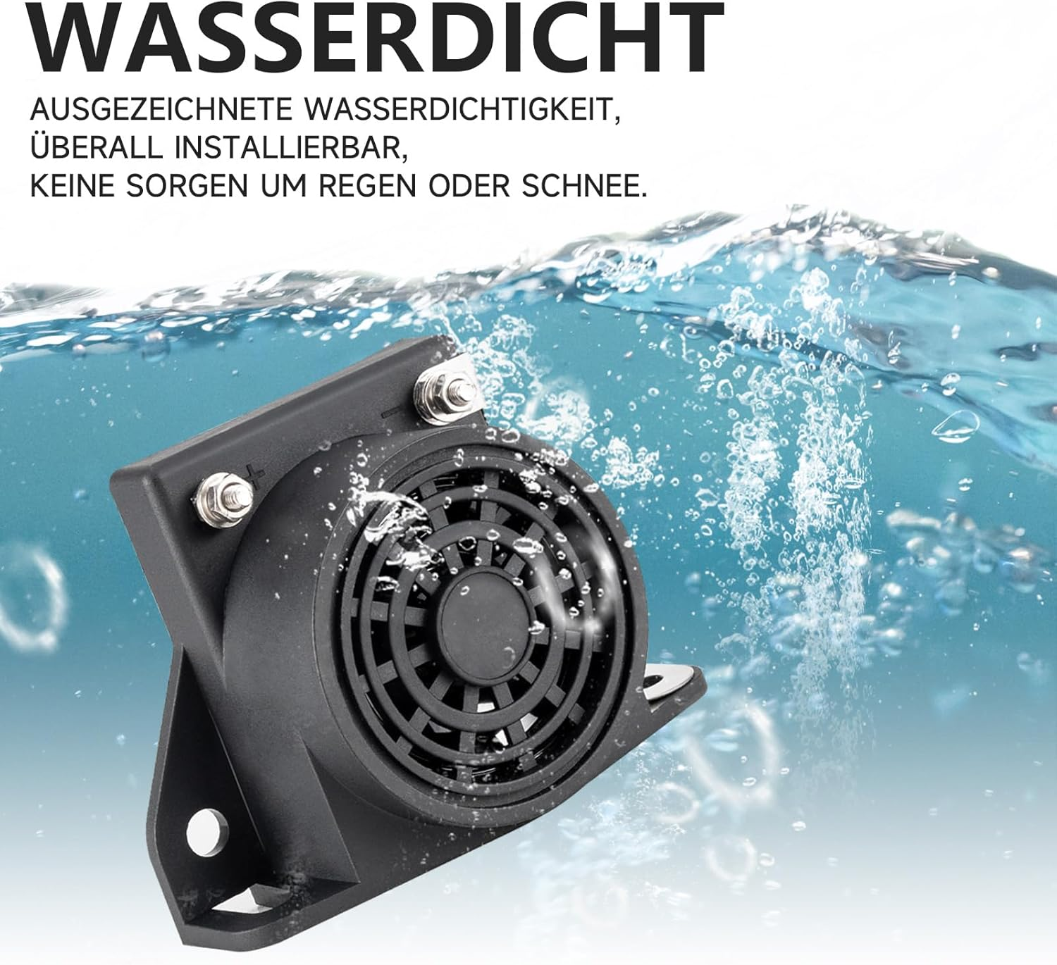 Schwarzes, wasserdichtes Gerät im Wasser, mit Text darüber. Wasserblasen um das Gerät, was auf Wasserdichtigkeit hindeutet.