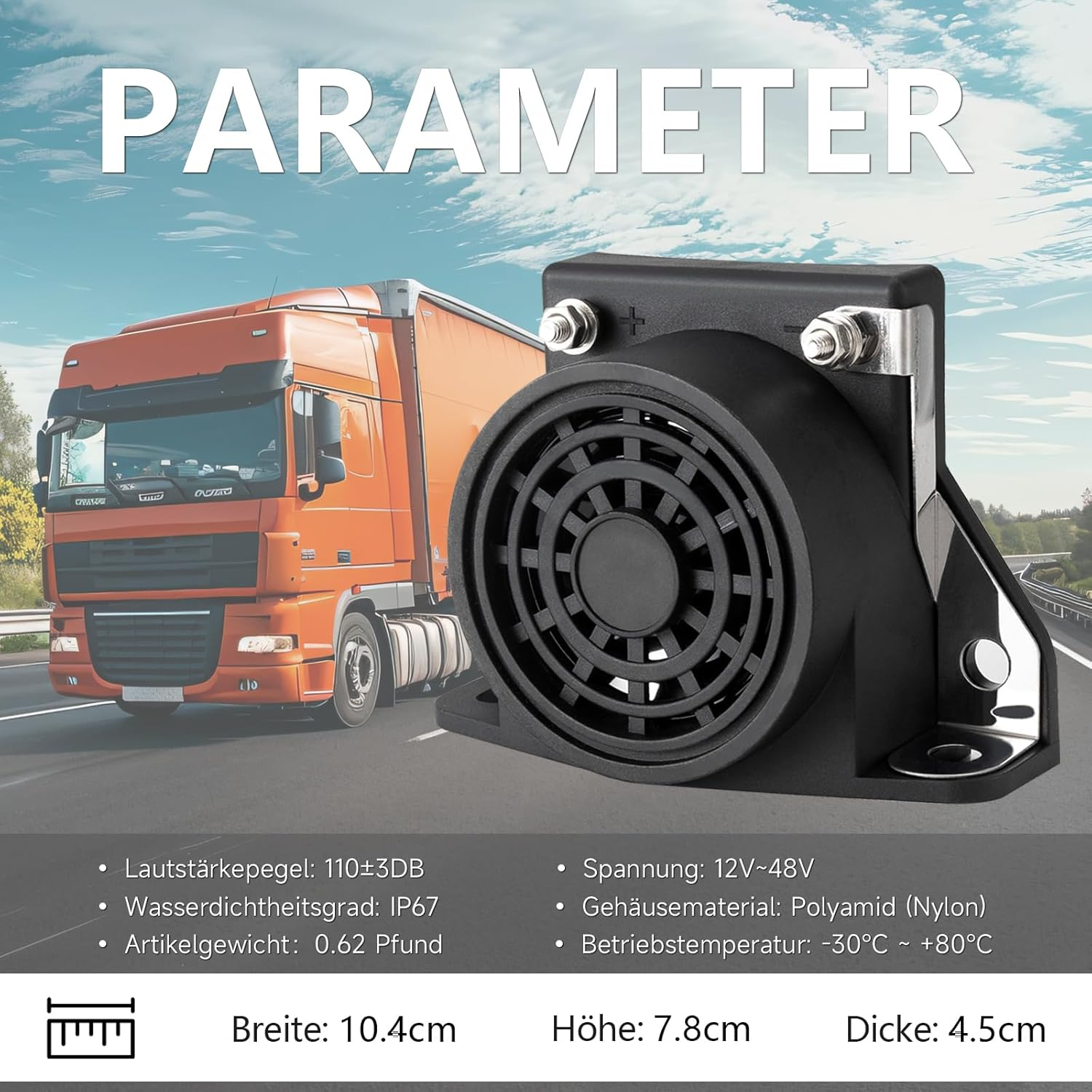 Ein oranger LKW und ein schwarzer Lautsprecher. Der Lautsprecher hat ein kreisförmiges Design. Text enthält Spezifikationen und Abmessungen.