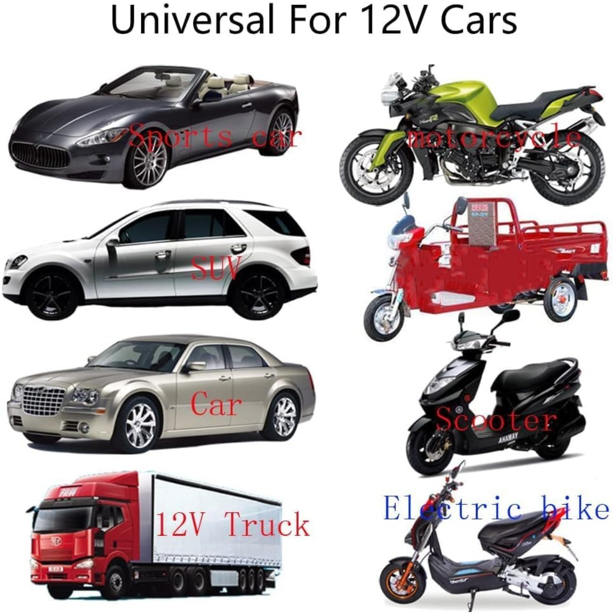 Das Bild zeigt verschiedene Fahrzeuge: Sportwagen, Motorrad, SUV, ein rotes Dreirad, ein Auto, einen Roller, einen LKW und ein Elektrofahrrad.