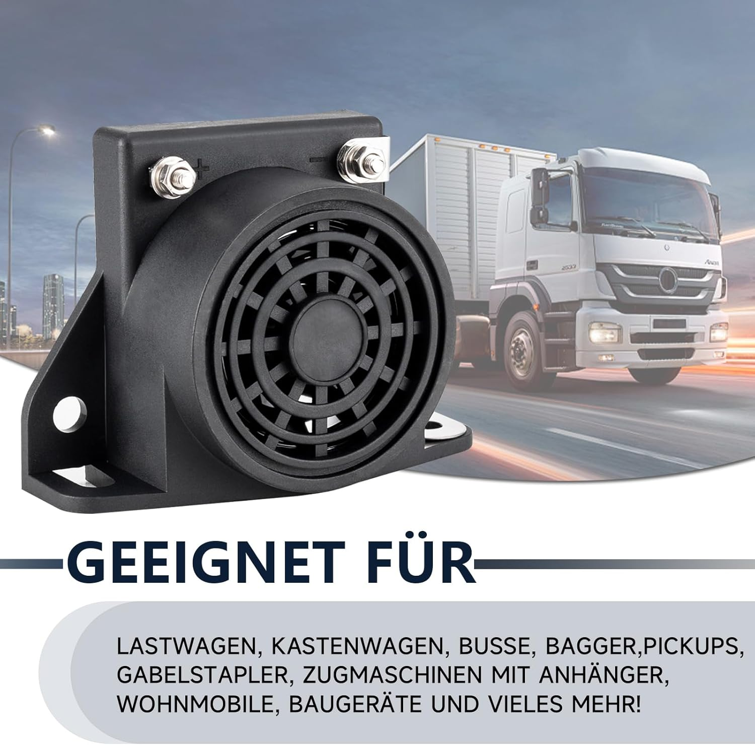 Schwarzer Rückfahrwarner mit LKW im Hintergrund. Text: 'Geeignet für' mit Fahrzeugtypen.