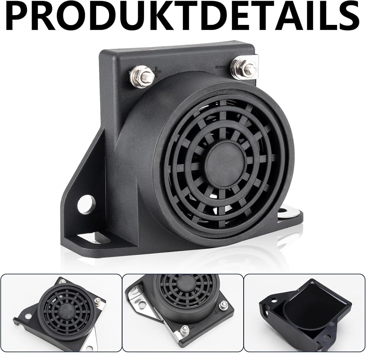 Ein schwarzer Parksensor. Der Hauptkörper ist schwarz mit kreisförmigem Design. Er hat zwei silberne Schrauben oben.