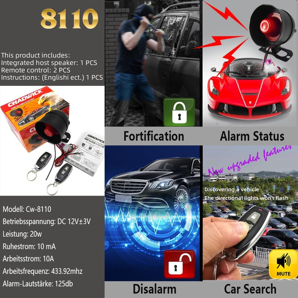 Autoalarmsystem mit Bildern von einem Einbruch, einem roten Sportwagen, Fernbedienungen und Produktdetails.