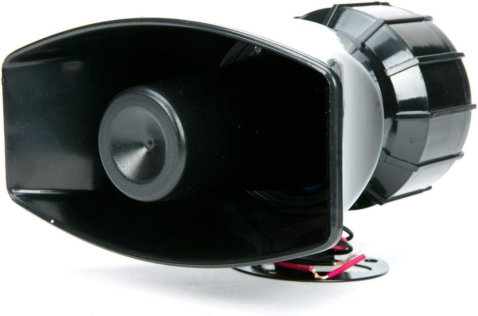Eine schwarze elektronische Sirene. Die Sirene hat eine große Hornform mit einem kreisförmigen Lautsprecher. Drähte sind an der Basis sichtbar.