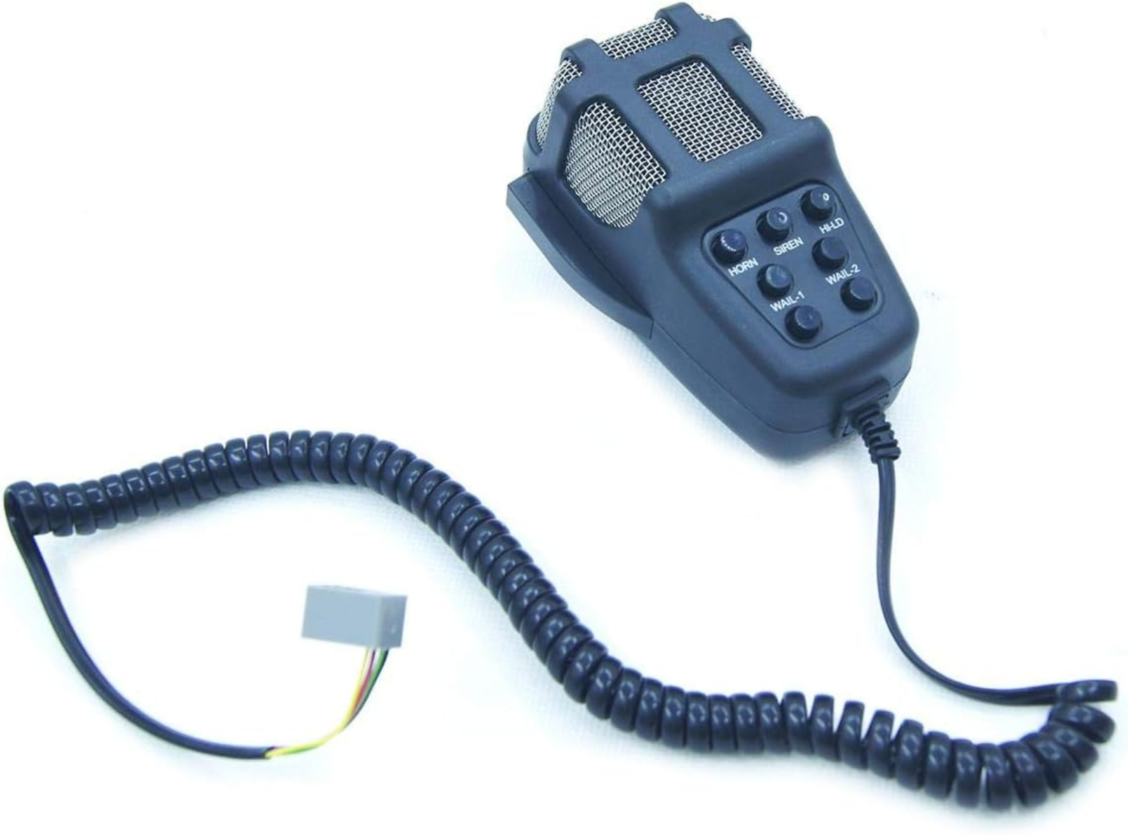 Ein schwarzes Mikrofon mit Knöpfen (HORN, SIREN usw.) und einem Spiralkabel mit Stecker. Es befindet sich auf weißem Hintergrund.