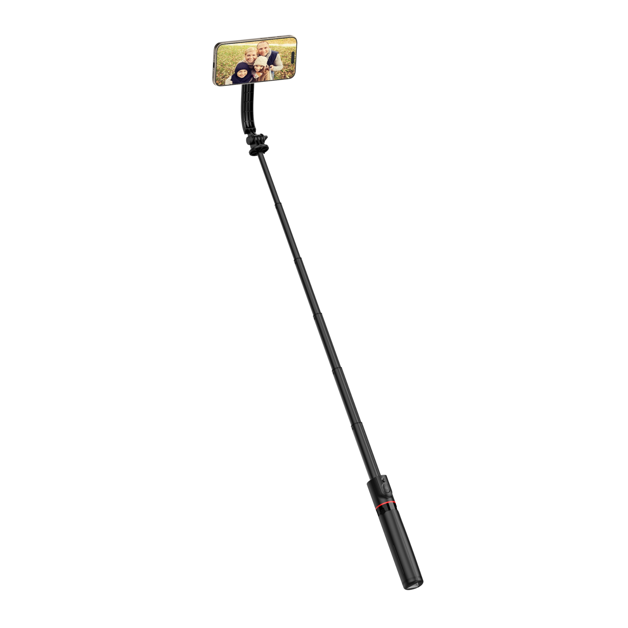 Ein schwarzer Selfie-Stick hält ein Telefon, das ein Familienfoto zeigt. Der Stick ist vor weißem Hintergrund ausgezogen.