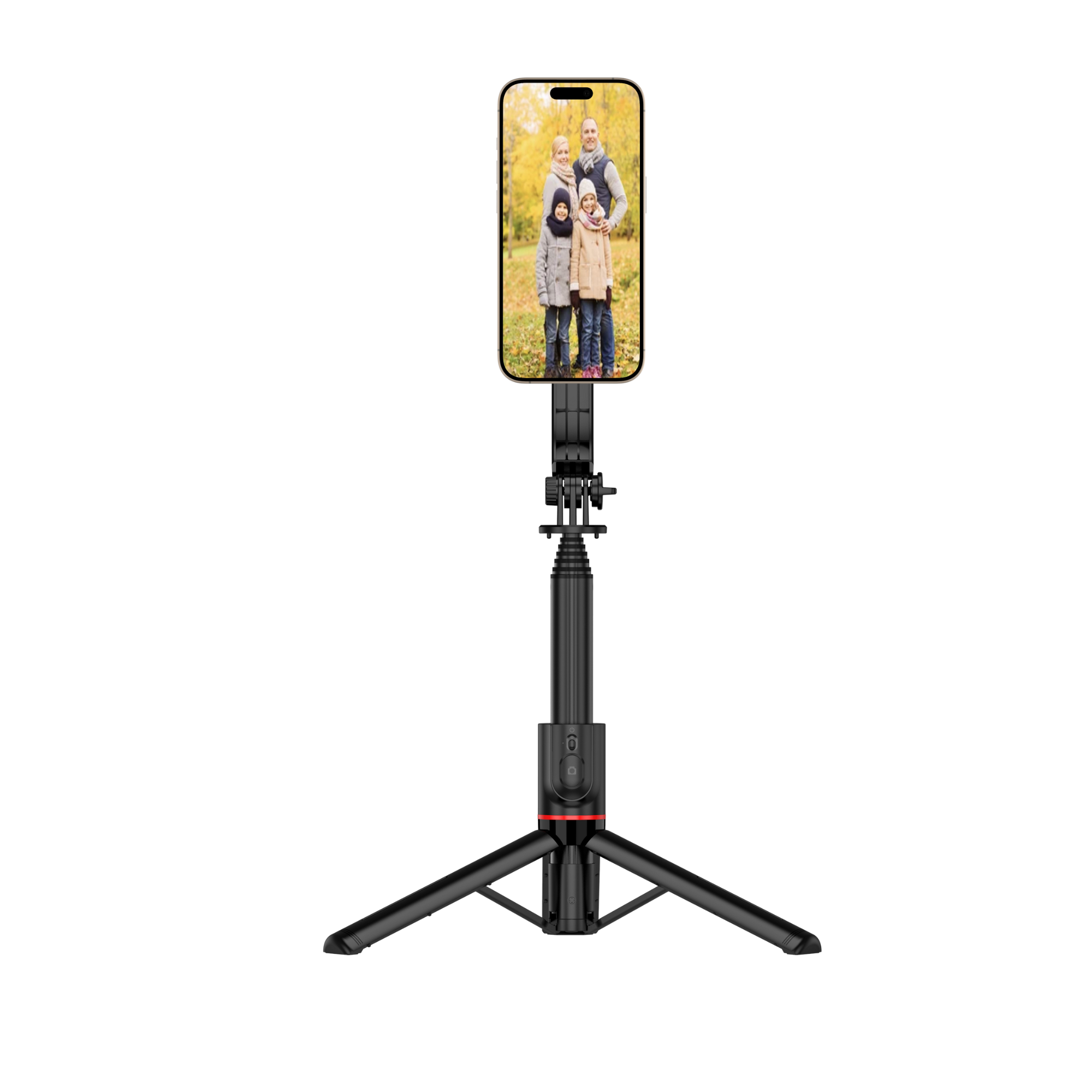 Auf einem schwarzen Stativ-Selfie-Stick ist ein Telefon mit einem Familienfoto montiert. Der Hintergrund ist weiß.