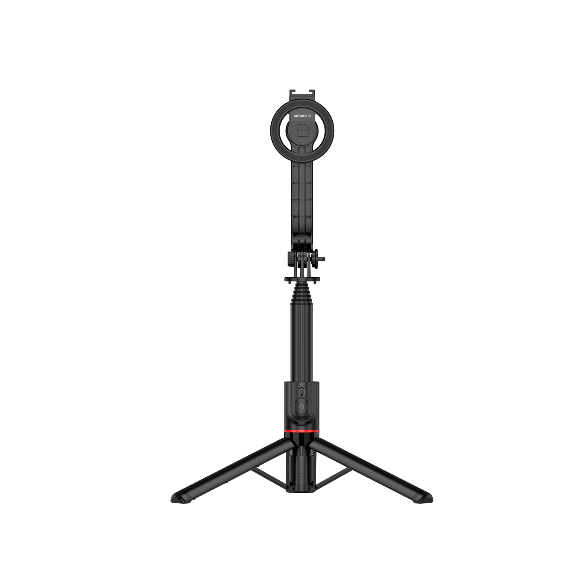 Schwarzer Selfie-Stick/Stativ auf weißem Hintergrund. Enthält Telefonhalter, höhenverstellbar und Stativbeine.