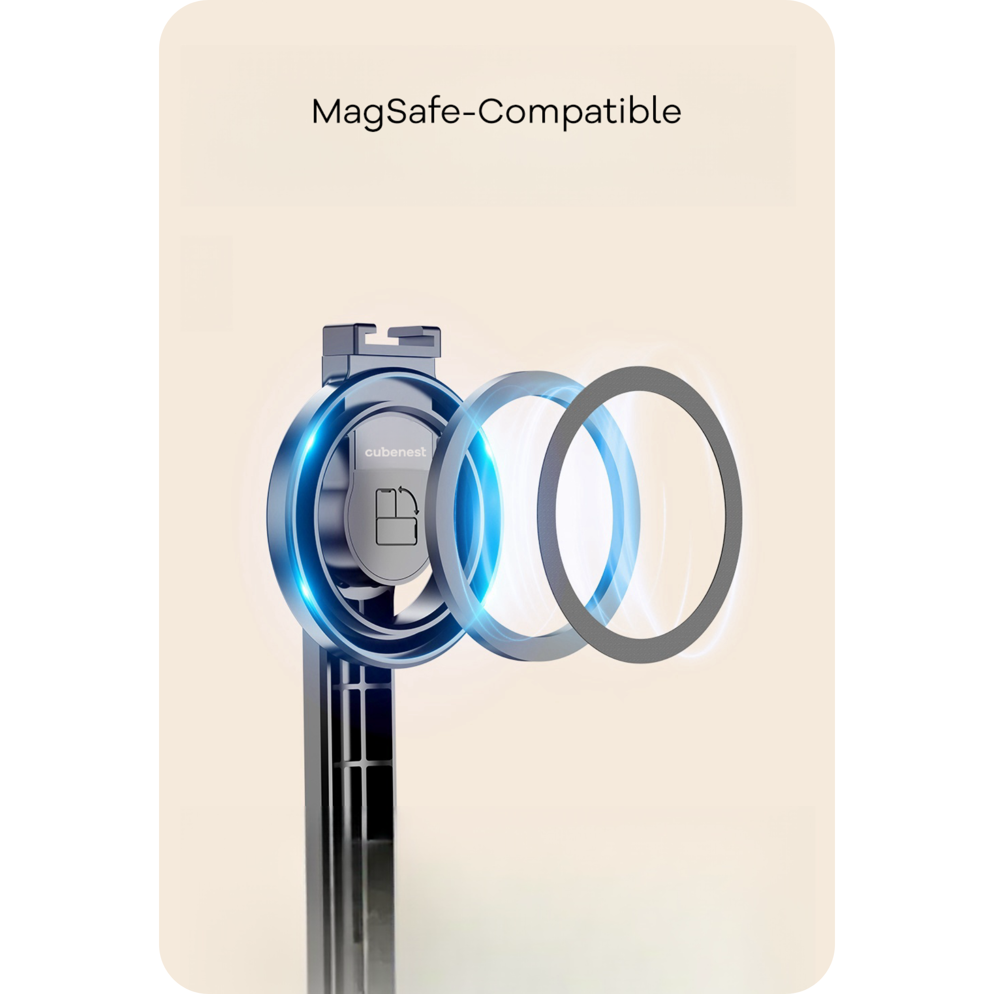 Ein MagSafe-kompatibles Gerät mit blauem Ring, grauen Ringen und einem Cubenest-Logo vor beigem Hintergrund.
