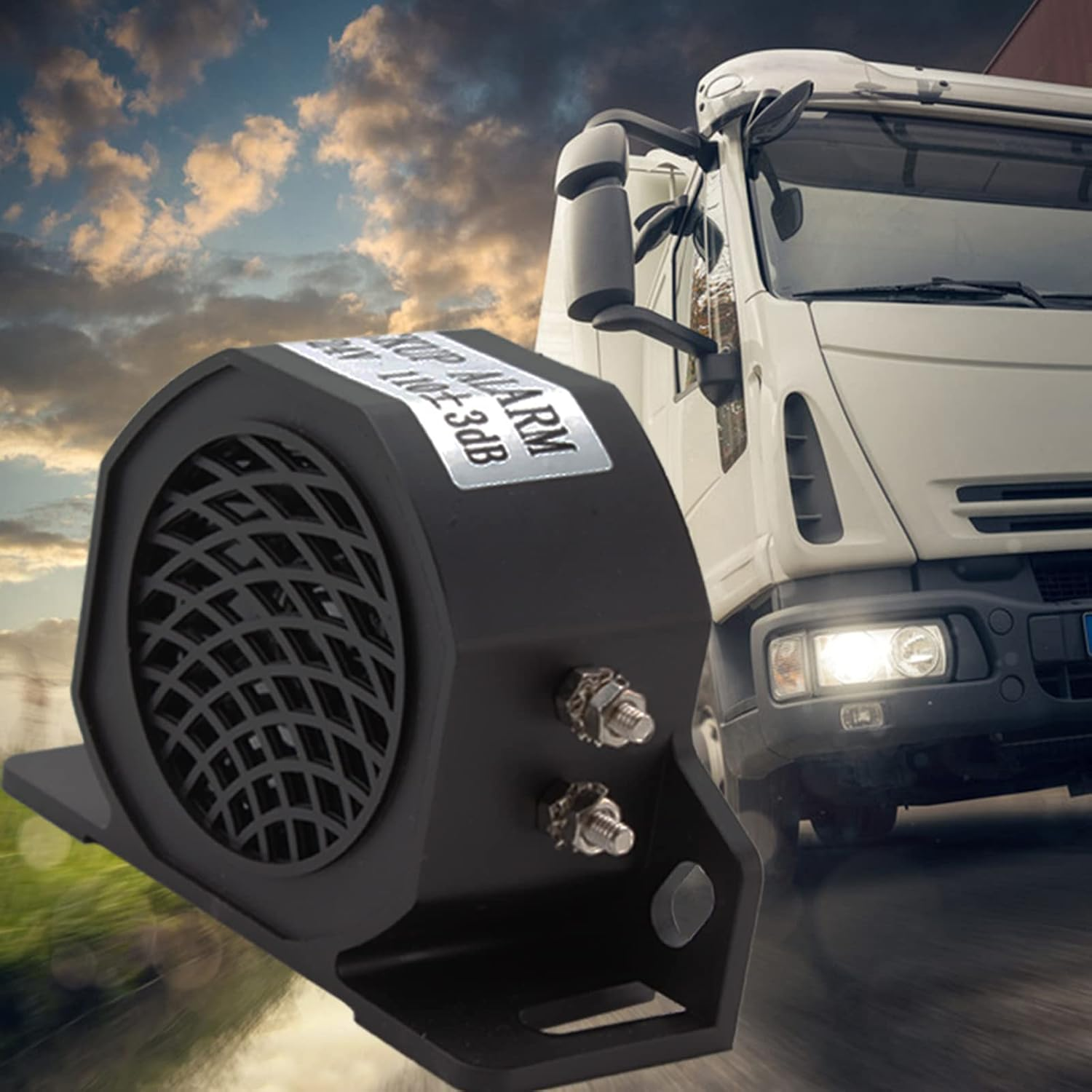 Ein schwarzer Lkw-Alarm im Vordergrund, mit einem weißen Lkw im Hintergrund, vor einem bewölkten Himmel.