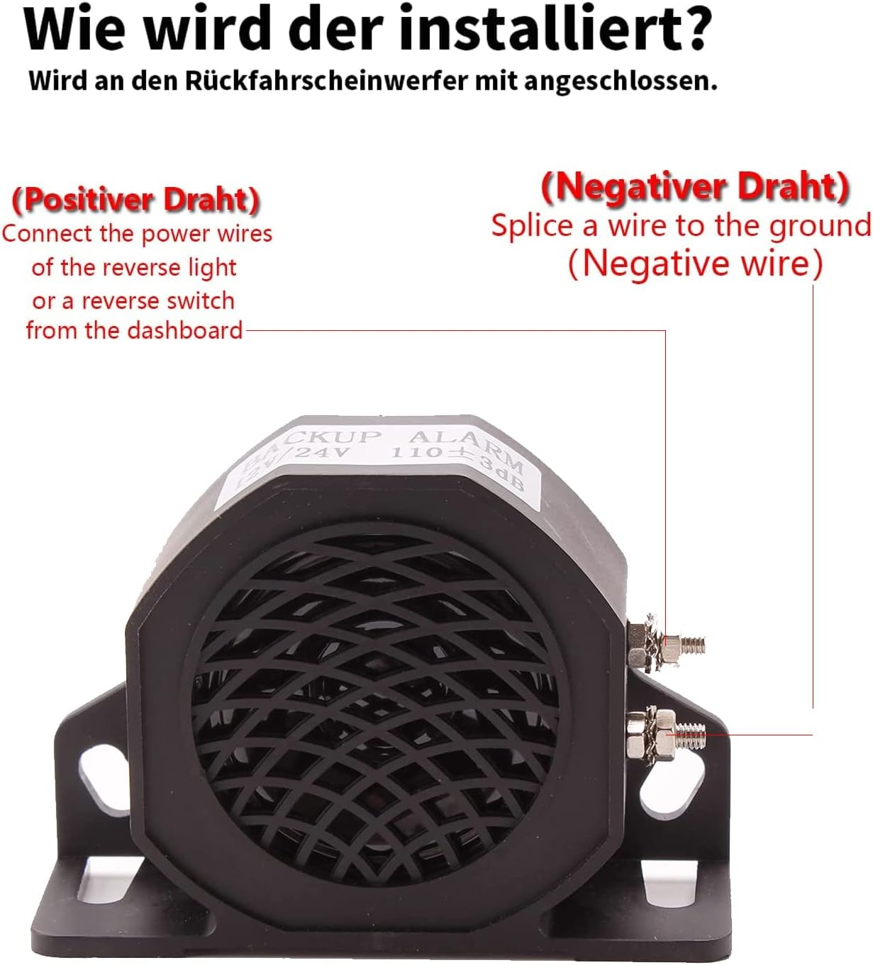 Schwarzer Rückfahrwarner mit Verdrahtungsanweisungen. Text zeigt positive und negative Drahtverbindungen und Rückfahrlichtbezeichnungen.