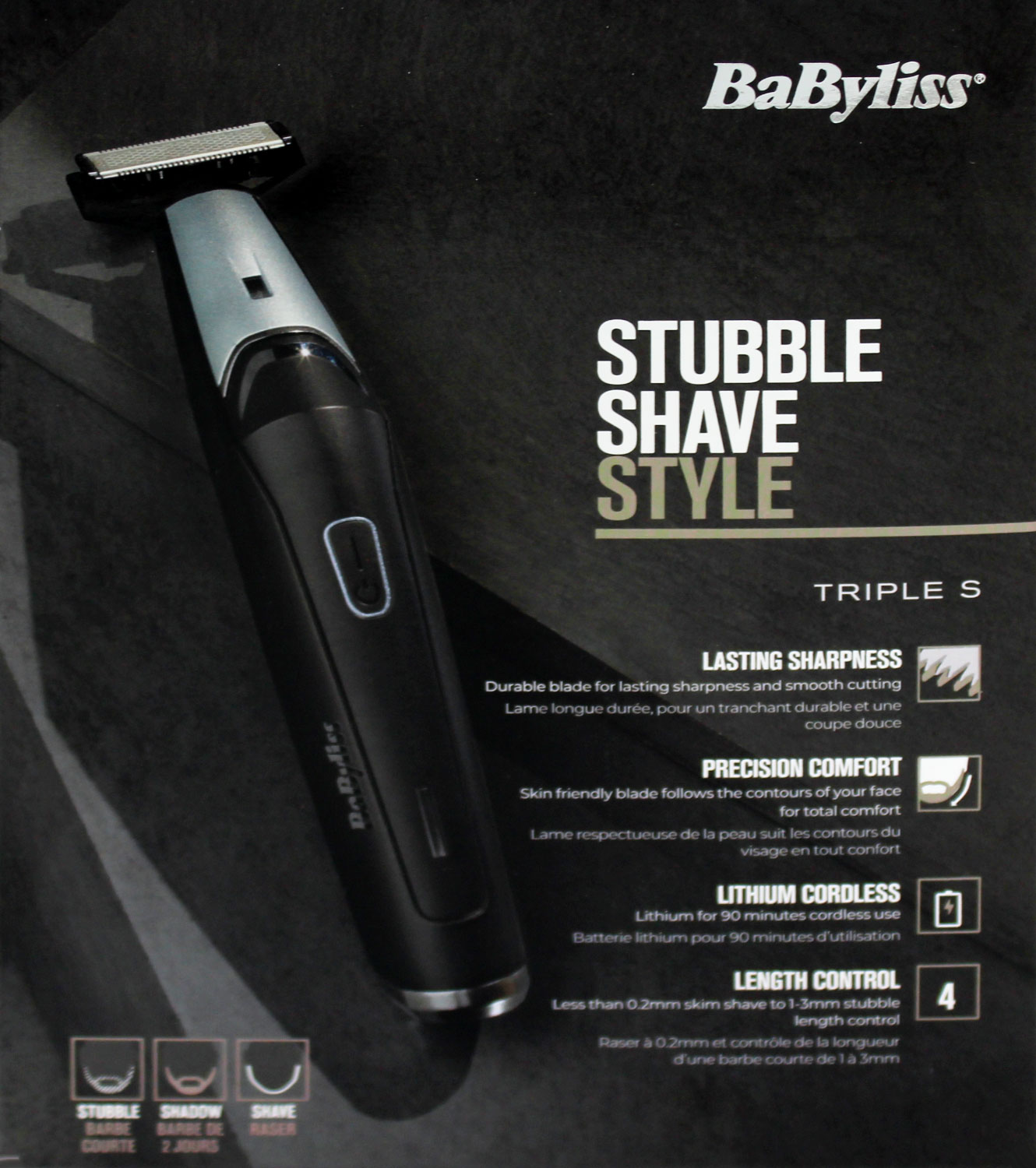 Czarno-szara maszynka do golenia brody BaByliss. Tekst mówi 'Stubble Shave Style' i podkreśla cechy takie jak 'Lasting Sharpness'.