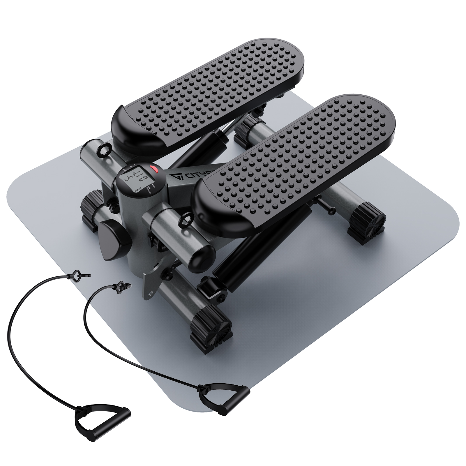 Stepper do ćwiczeń na szarej macie. Ma czarne podnóżki, wyświetlacz cyfrowy i taśmy oporowe z uchwytami.