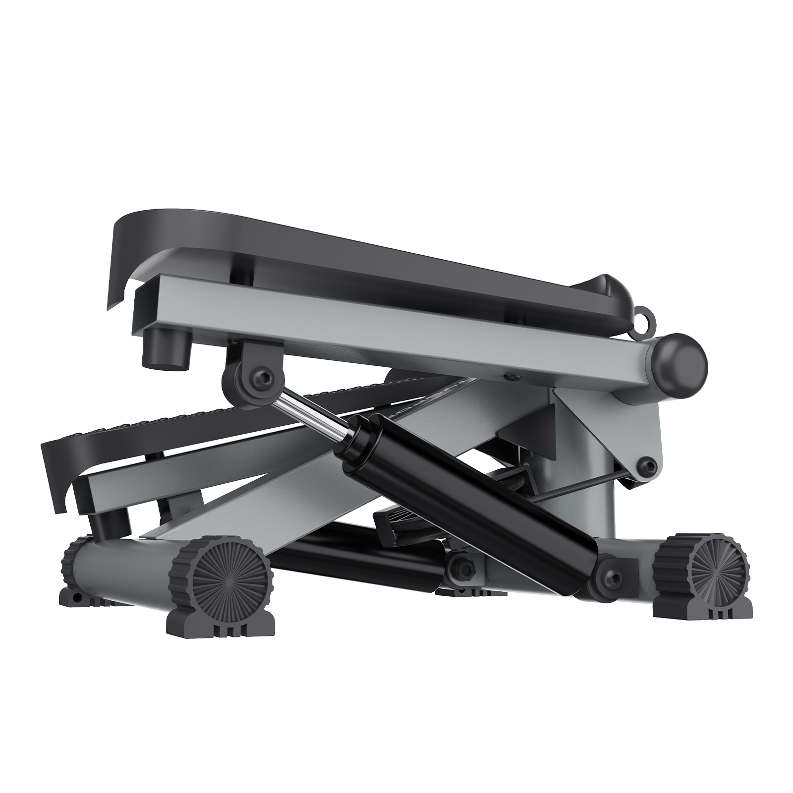 Szary i czarny stepper. Posiada dwie platformy na stopy, siłowniki hydrauliczne i podstawę z kółkami.