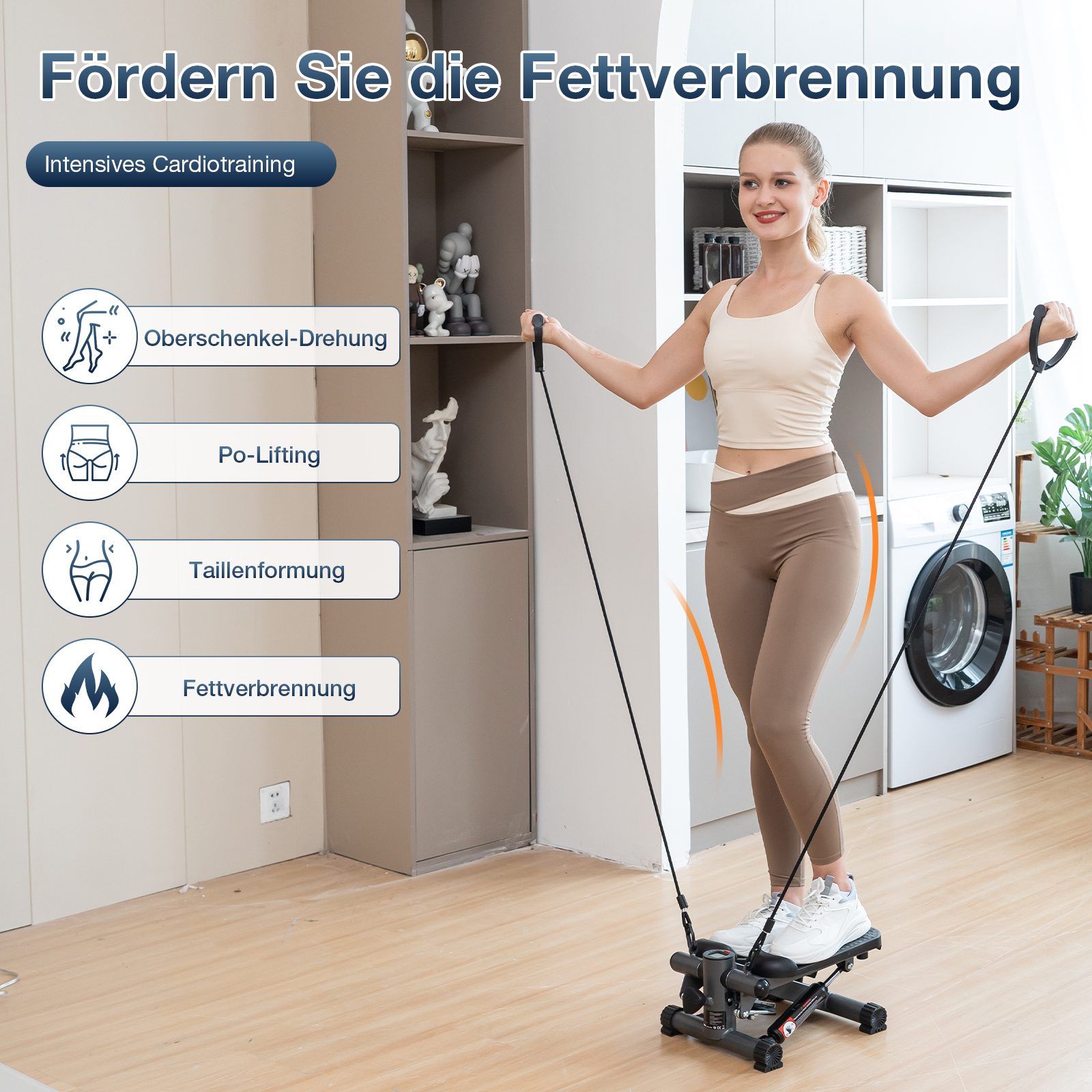 Frau benutzt Stepper. Sie ist in einem Raum mit Waschmaschine und Schrank. Text auf Deutsch.
