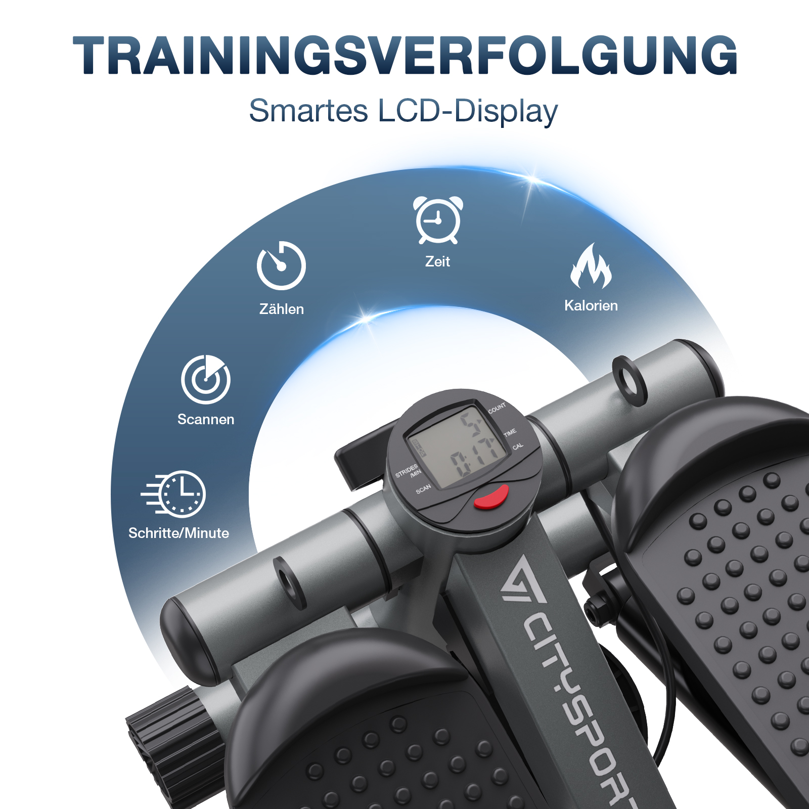 Ein Stepper mit LCD-Anzeige, die Zeit, Kalorien und Schritte anzeigt. Die Maschine ist grau und schwarz, mit der Marke Citysport.