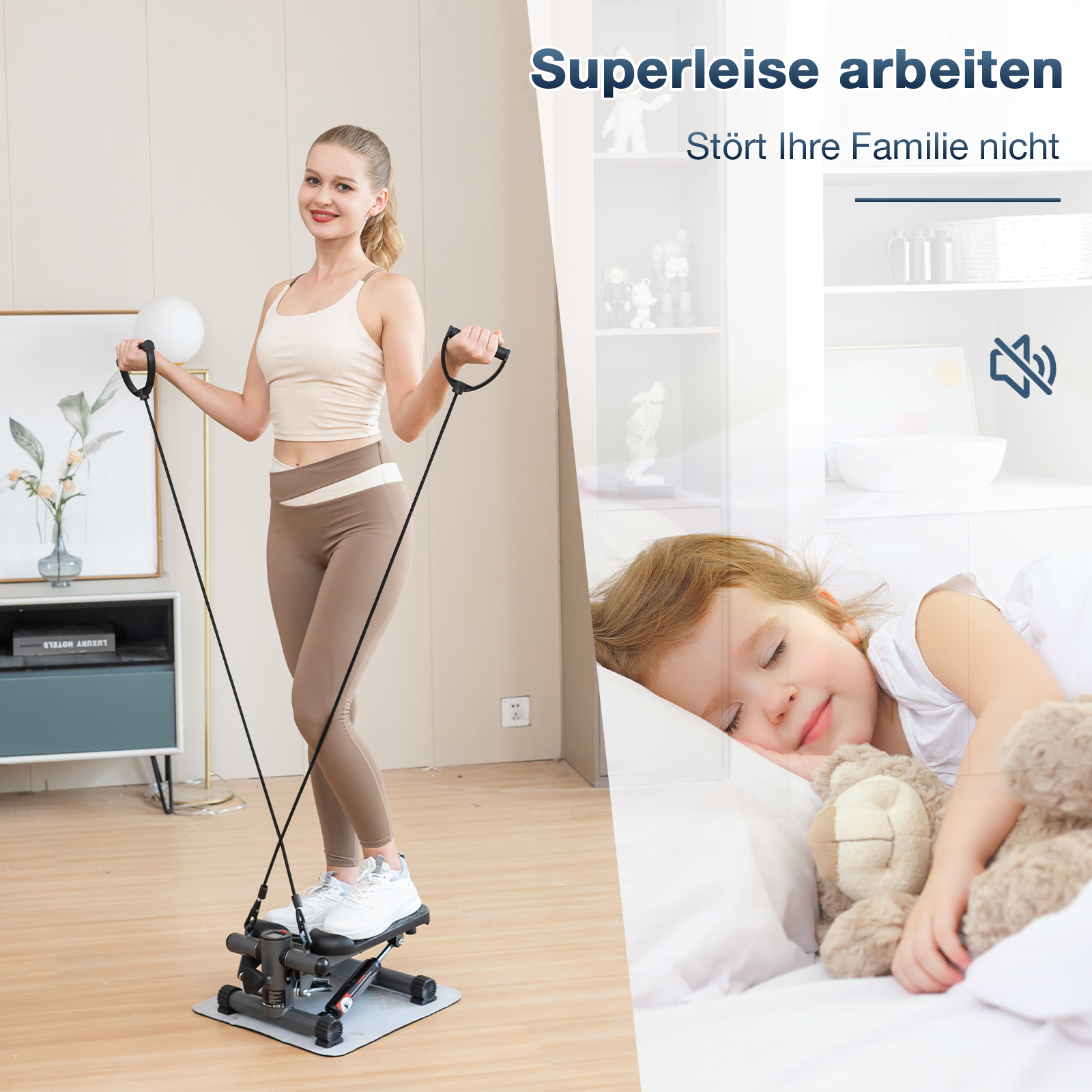 Frau benutzt Stepper, während Kind schläft. Stepper hat Griffe und Bänder. Die Szene deutet auf ruhiges Training hin.