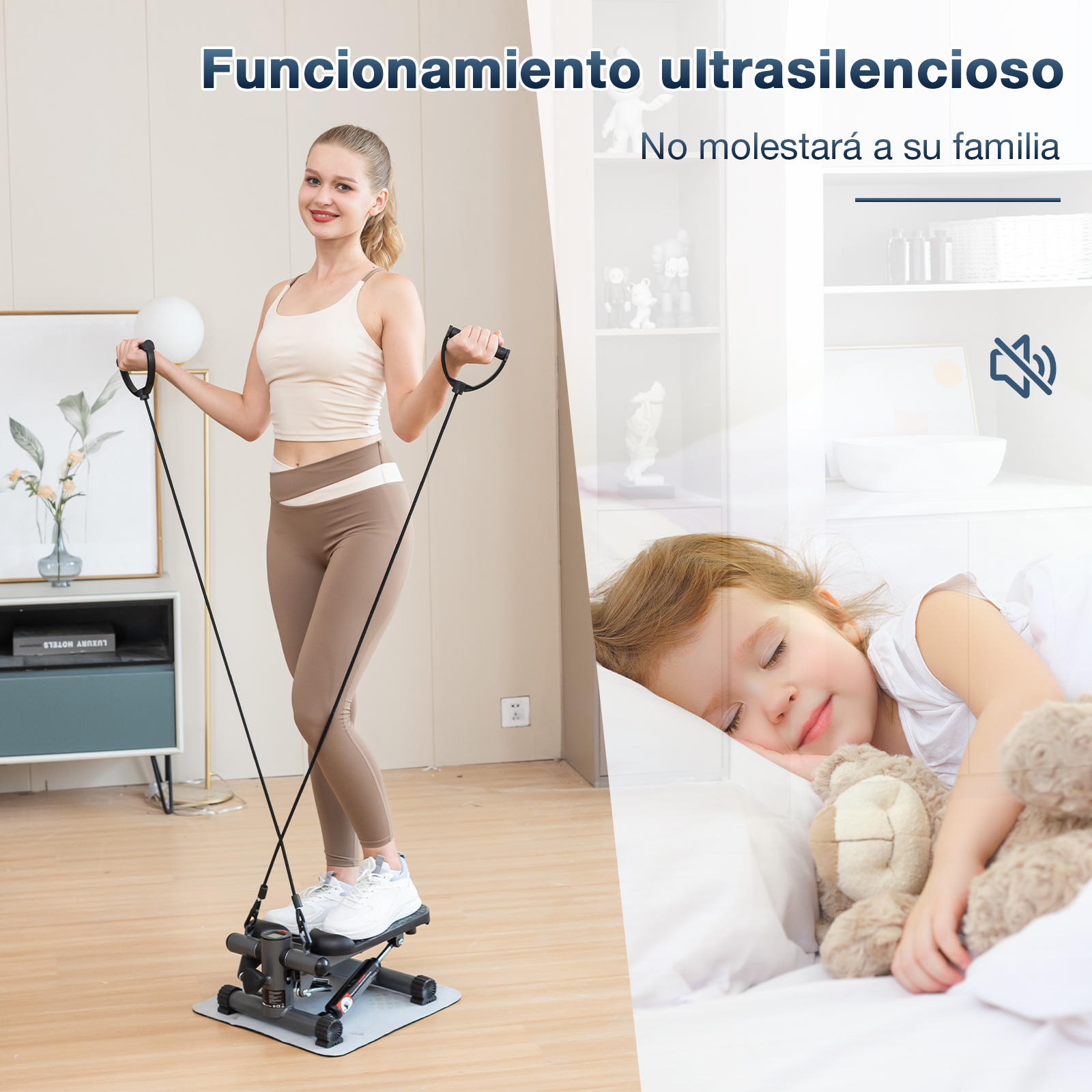Mujer usa stepper, con niño durmiendo en el fondo, enfatizando el funcionamiento silencioso. Texto en español.