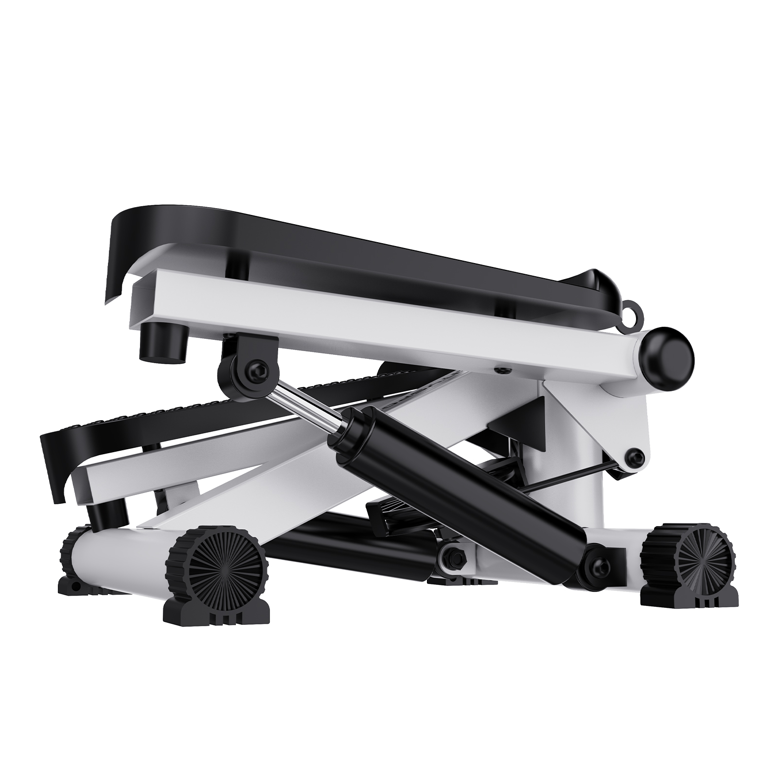 Biało-czarna maszyna do stepowania. Ma czarne stopnie, cylindry i nóżki w kształcie kół. Tło jest białe.