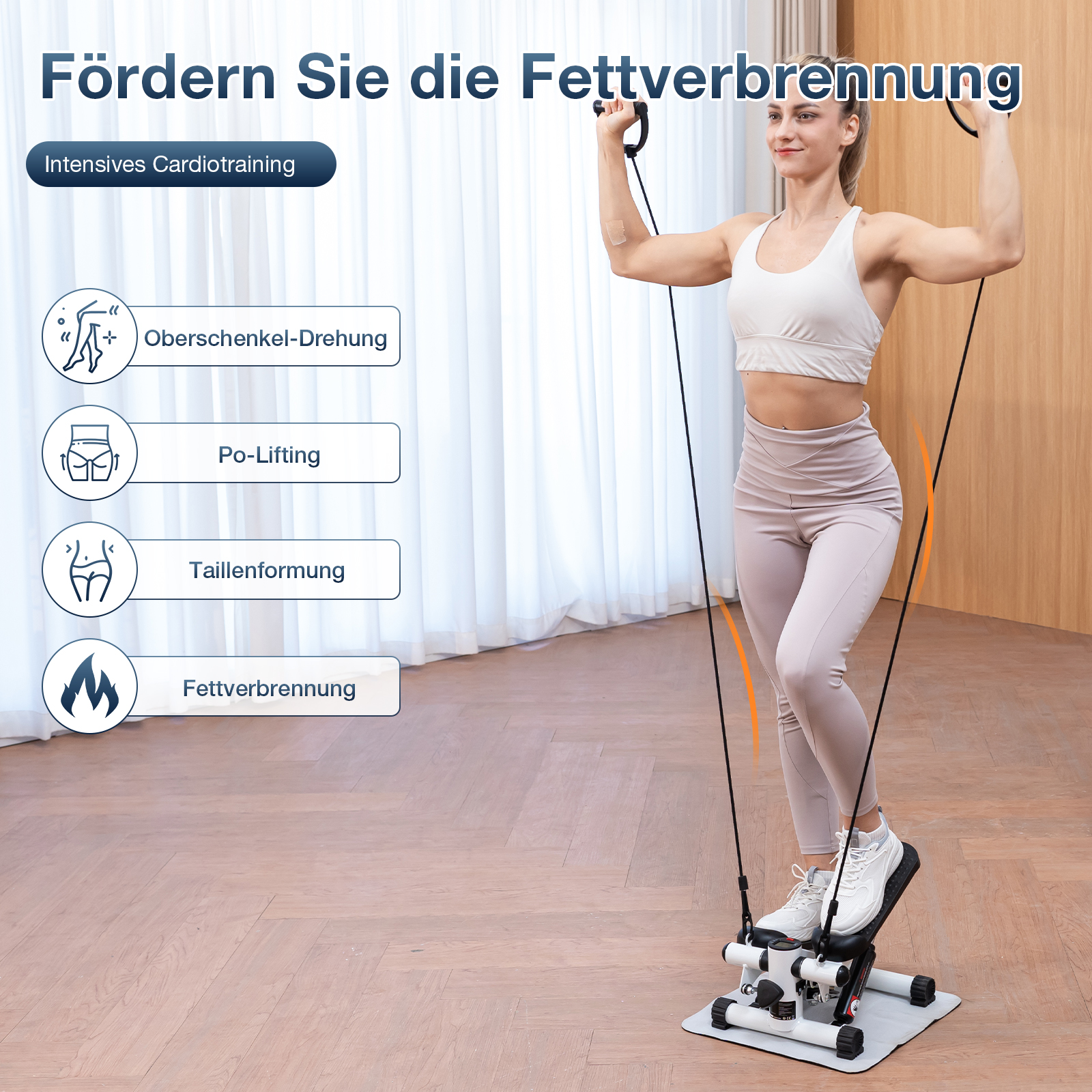 Eine Frau trainiert mit einem Fitnessgerät. Sie trägt ein weißes Oberteil und eine rosa Hose. Text auf Deutsch wird angezeigt.