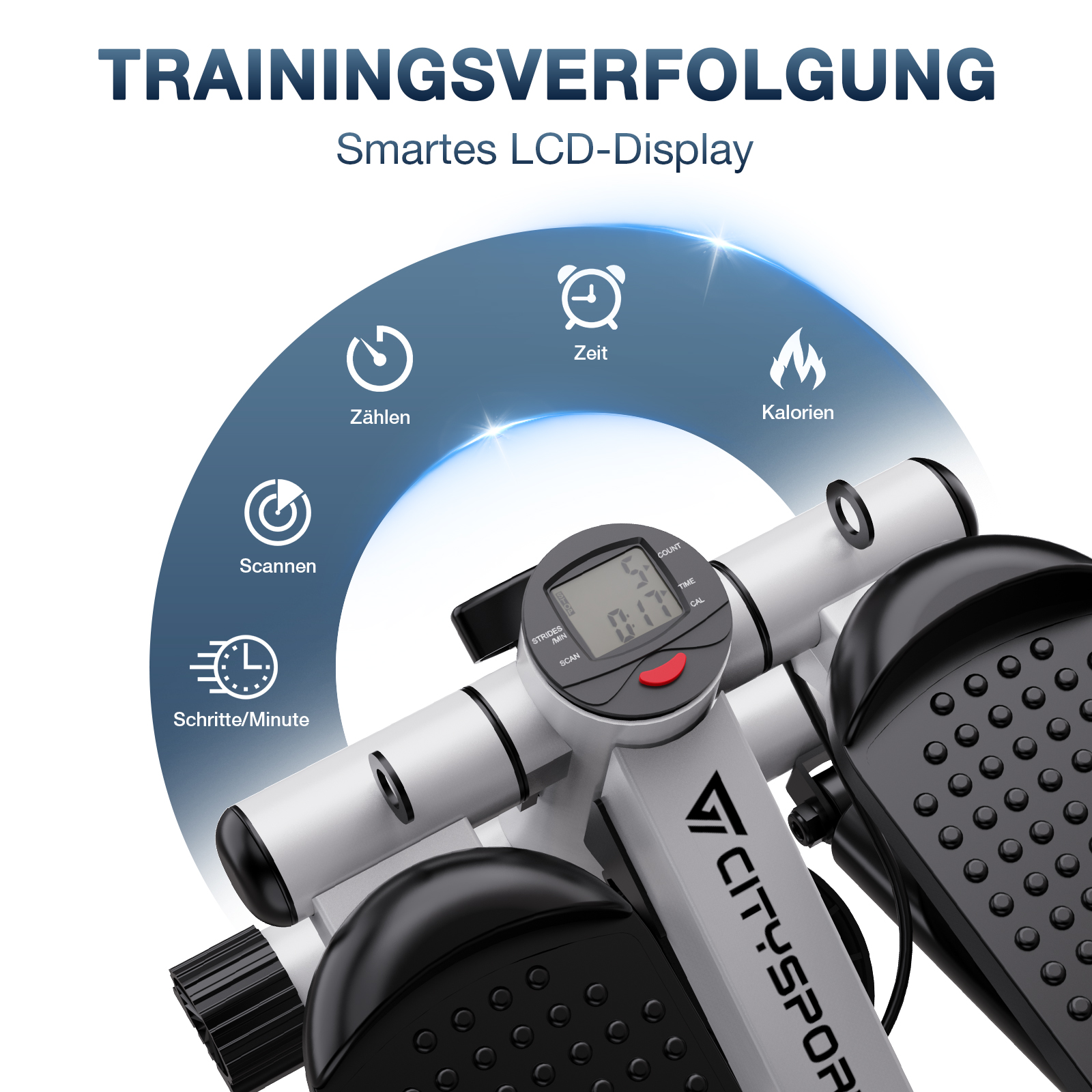 Ein Stepper mit Digitalanzeige für Zeit, Kalorien und Zählung. Symbole zeigen Funktionen. Der Markenname ist sichtbar.