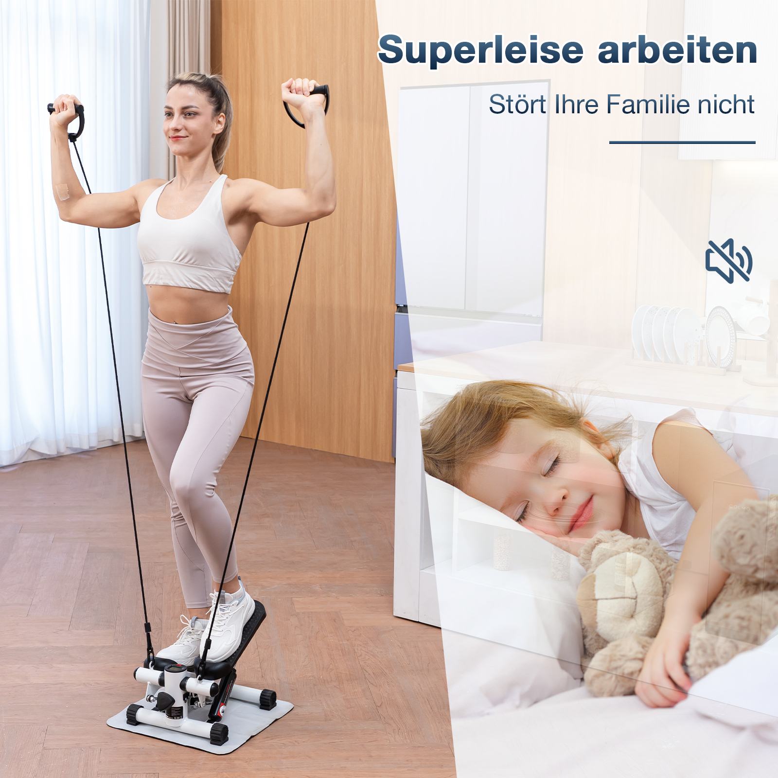 Eine Frau trainiert mit Widerstandsbändern. Im Hintergrund schläft ein Kind. Der Text lautet 'Superleise arbeiten'.