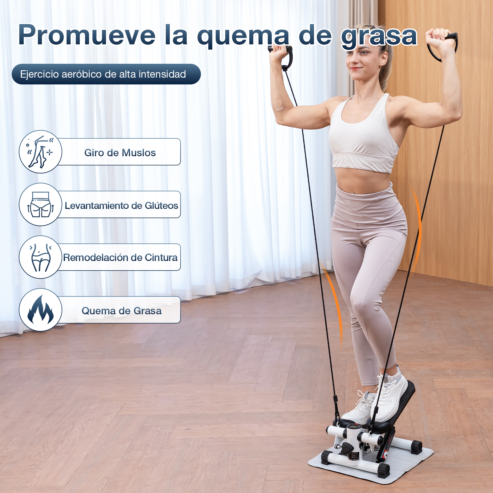 Una mujer se ejercita con una máquina. Sostiene asas y se para en pedales. El texto promueve la quema de grasa y el ejercicio.