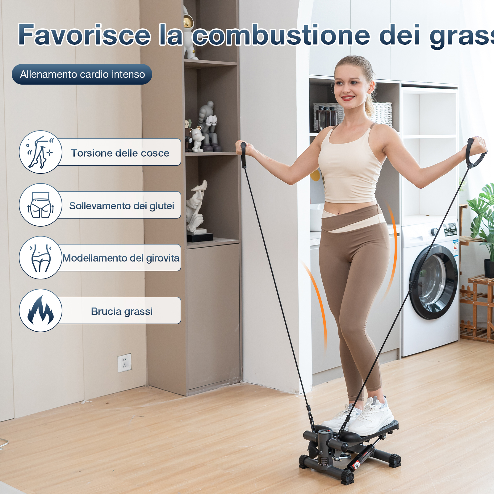 Una donna si esercita su uno stepper. Il testo promuove cardio e brucia grassi. Le icone mostrano i gruppi muscolari.