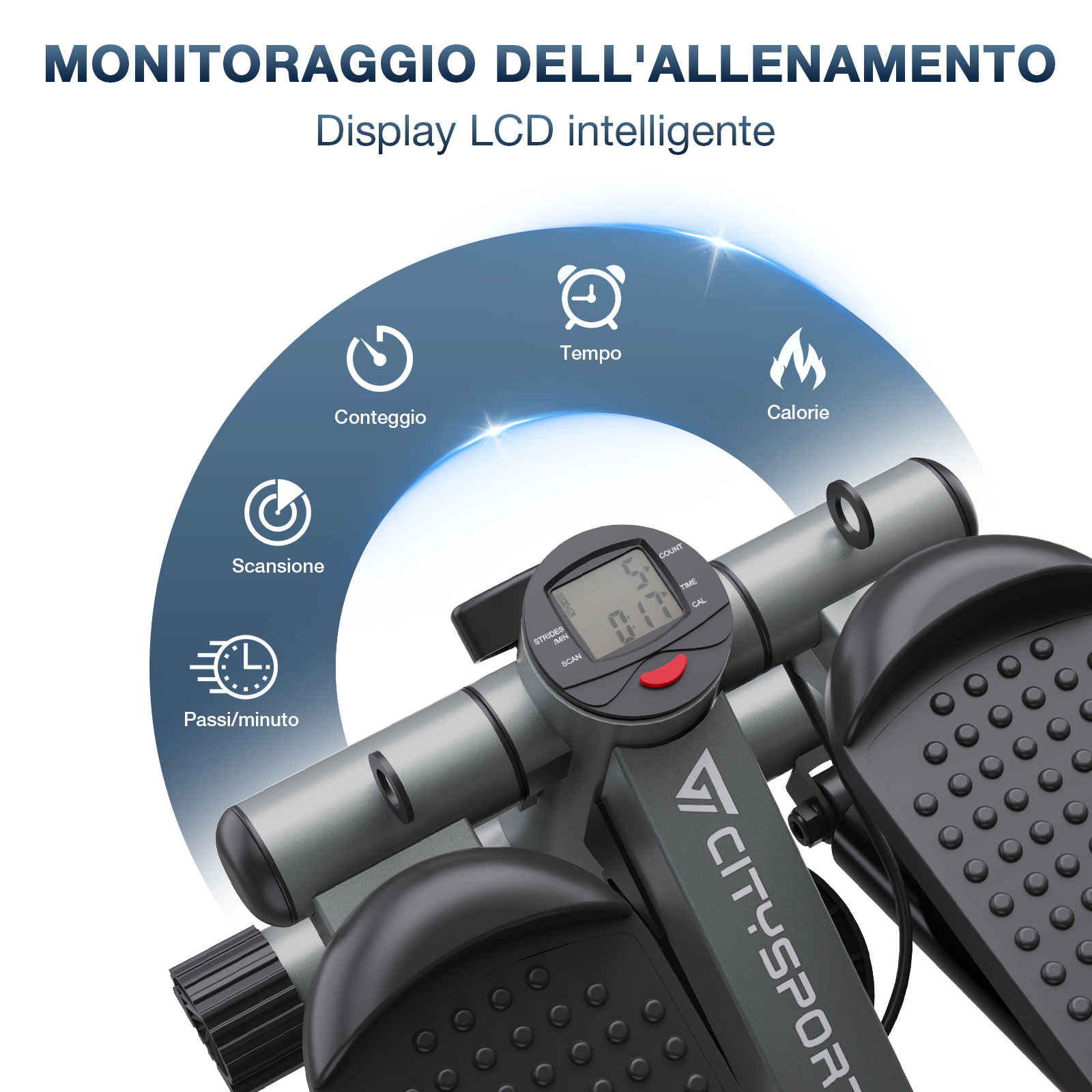 Uno stepper grigio con un display digitale che mostra statistiche come tempo e calorie. Il marchio CITYSPORT è visibile.